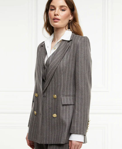 Double Breasted Blazer - Soft Grey Pinstripe