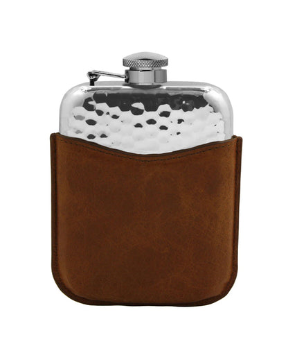 6oz Hammered Pewter Hip Flask With Leather Pouch