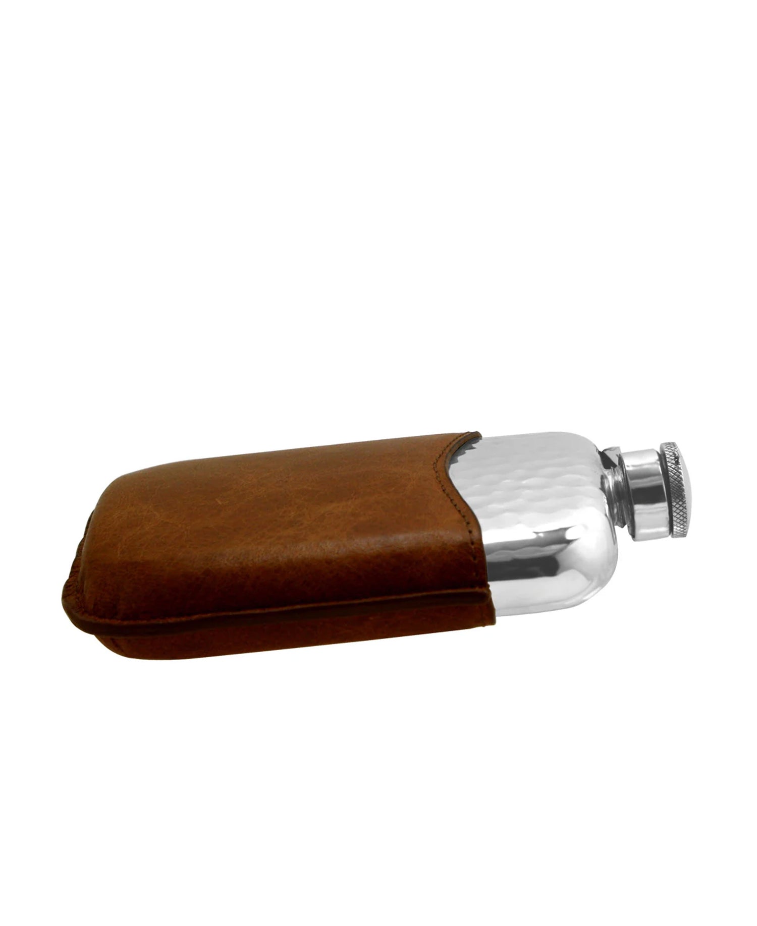 6oz Hammered Pewter Hip Flask With Leather Pouch