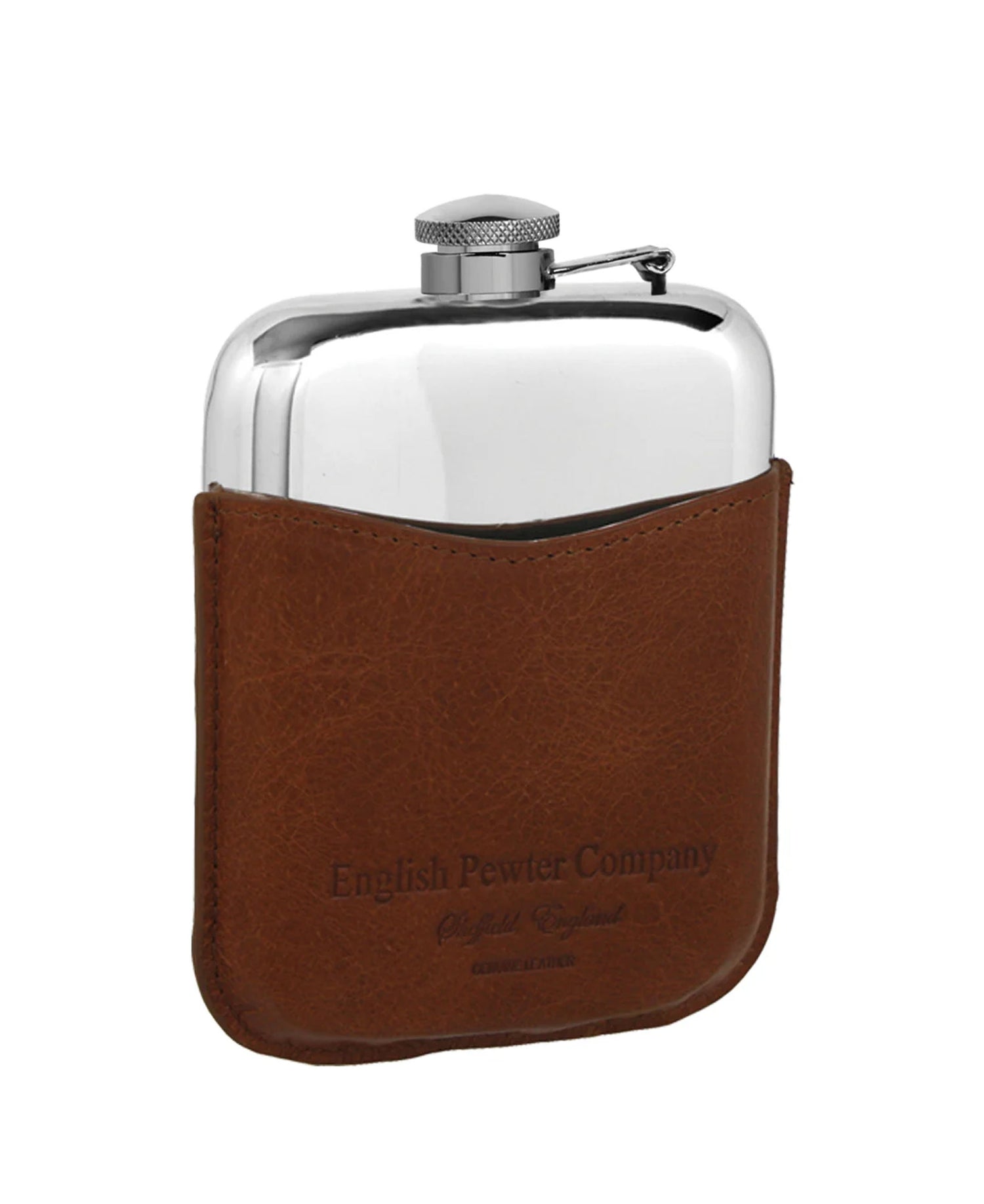 6oz Pewter Hip Flask Hinged Top &amp; Leather Pouch