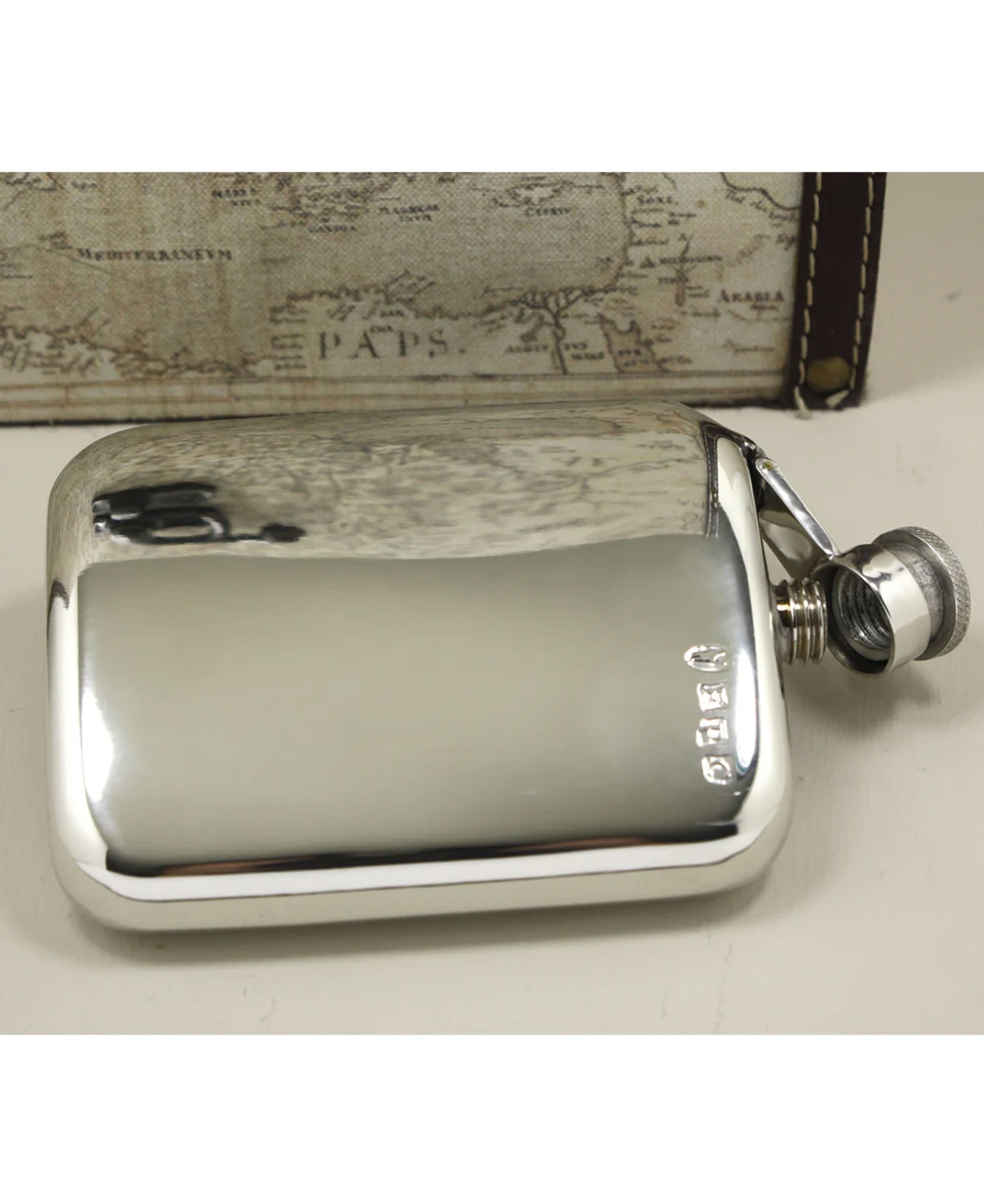 6oz Pewter Hip Flask Hinged Top &amp; Leather Pouch