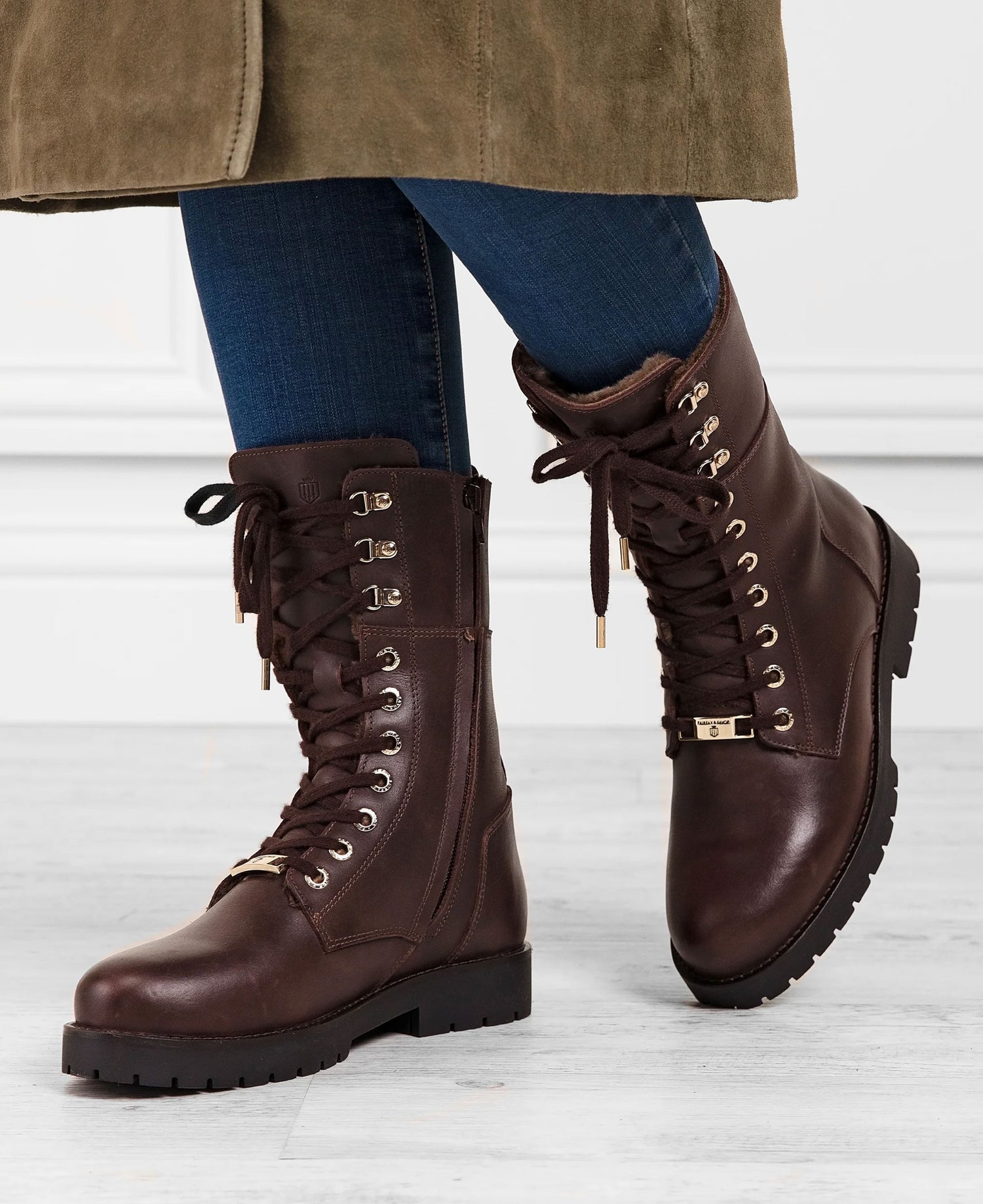 Shearling Anglesey Combat Boot - Mahogany Leather