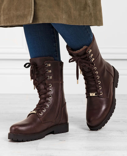 Shearling Anglesey Combat Boot - Mahogany Leather