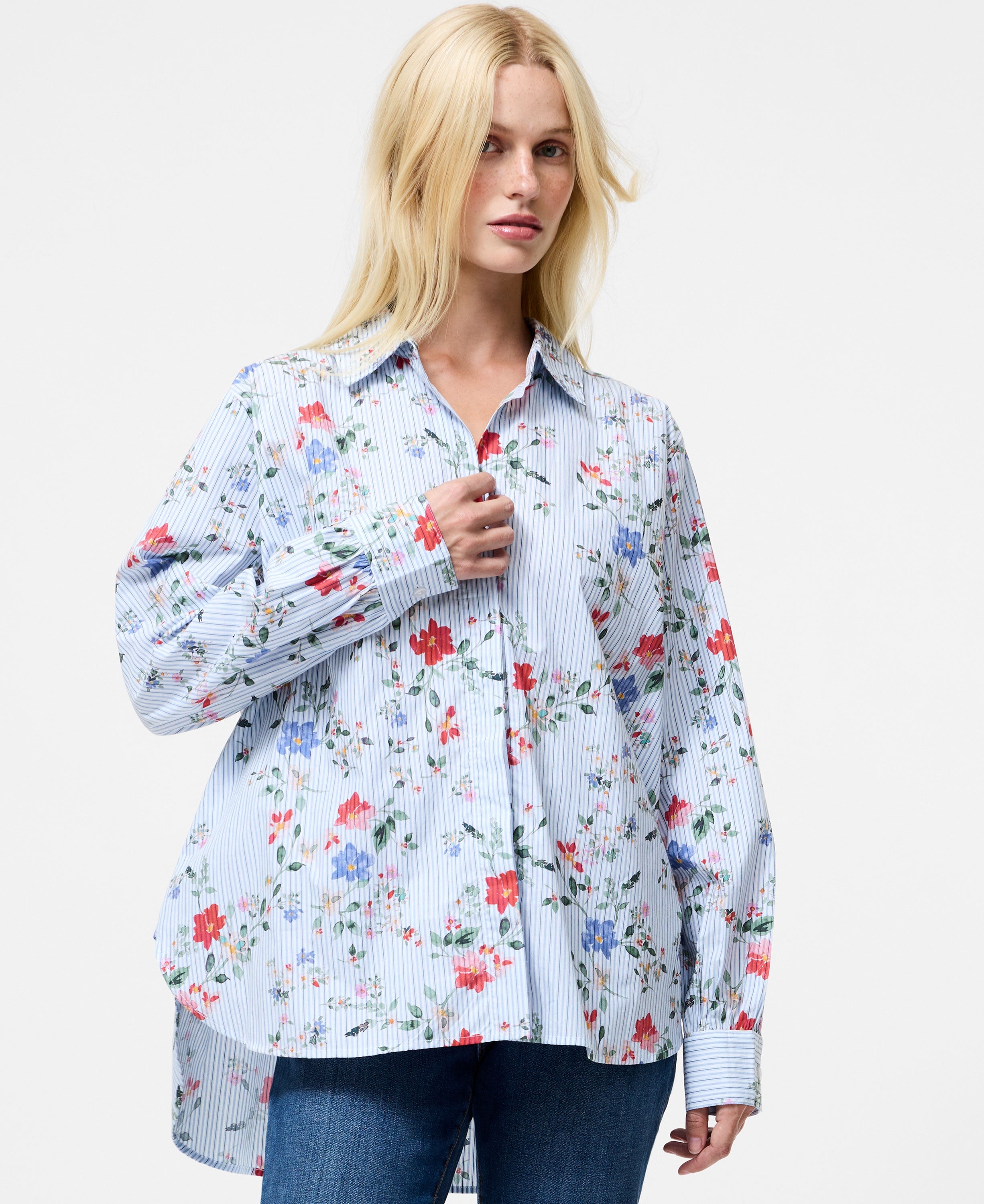 Floral Stripe Printed Long Sleeve Shirt - Floral Multi