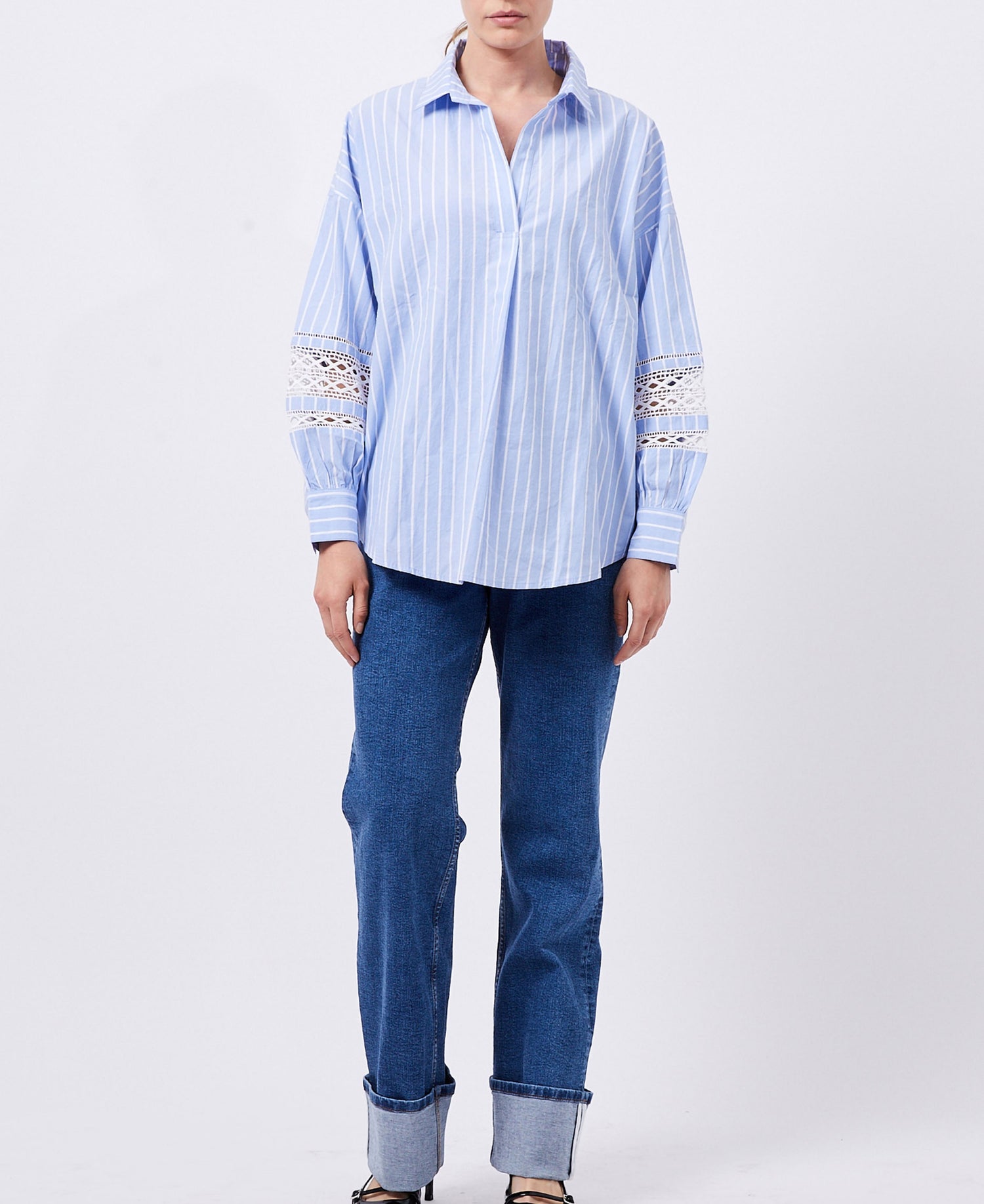 Cambria Cotton Stripe Trim Shirt - Blue-White