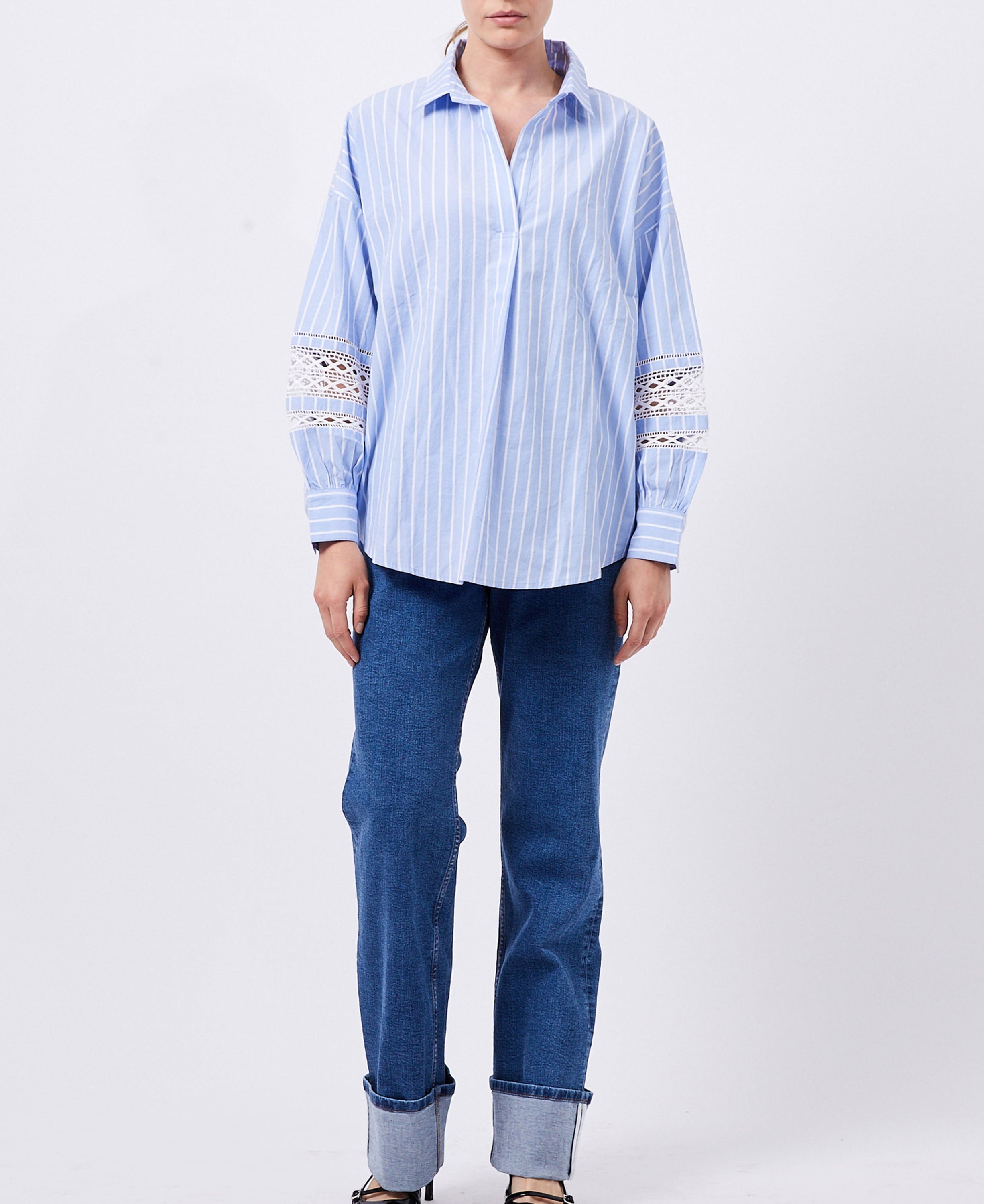 Cambria Cotton Stripe Trim Shirt - Blue-White