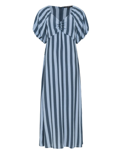 Fran Lizzie Puff Sleeve Midi Dress - Blue Stripe