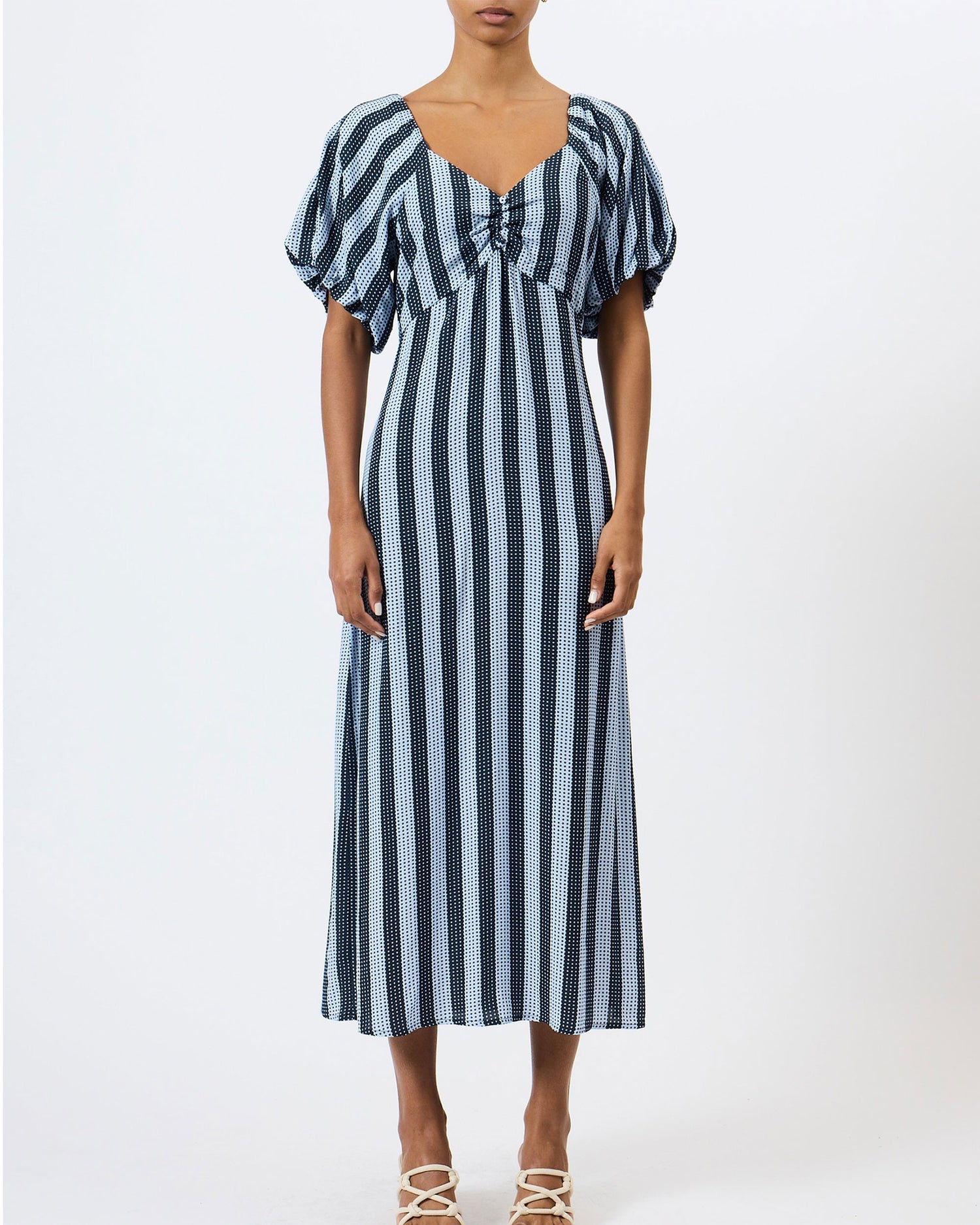 Fran Lizzie Puff Sleeve Midi Dress - Blue Stripe