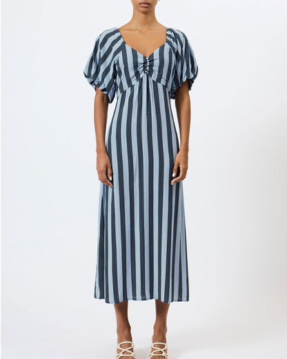 Fran Lizzie Puff Sleeve Midi Dress - Blue Stripe