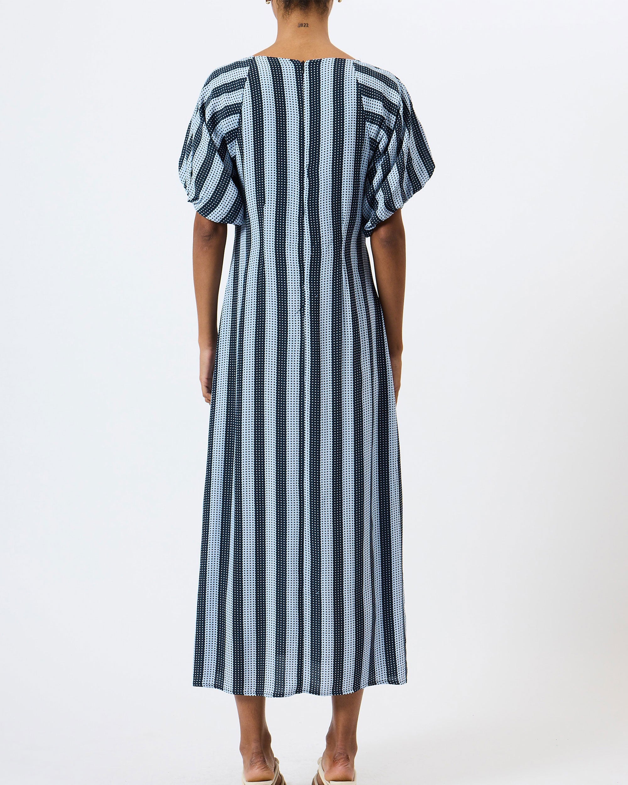Fran Lizzie Puff Sleeve Midi Dress - Blue Stripe
