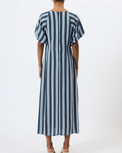 Fran Lizzie Puff Sleeve Midi Dress - Blue Stripe