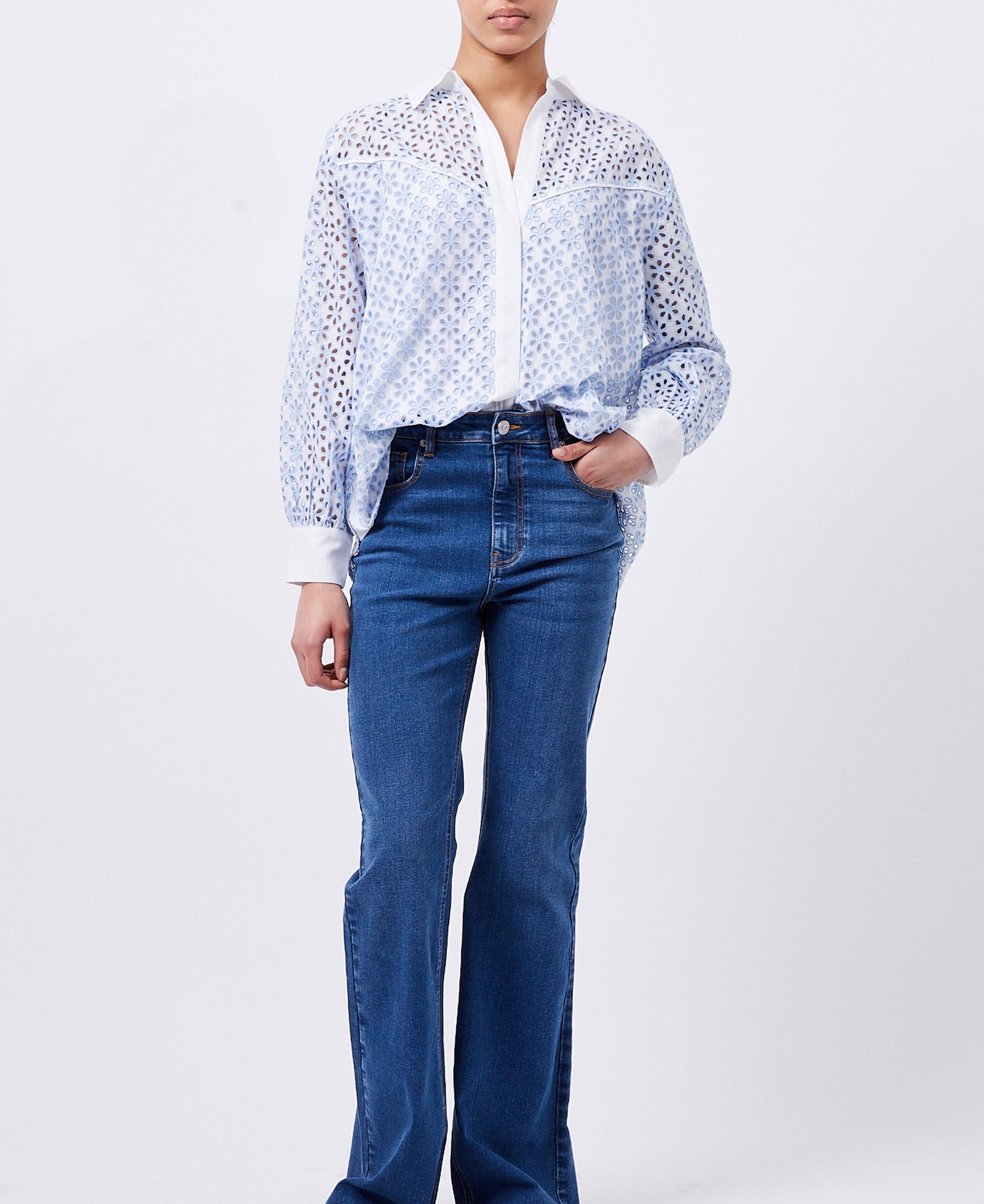 Galina Cotton Embroidered Shirt - Sky Blue