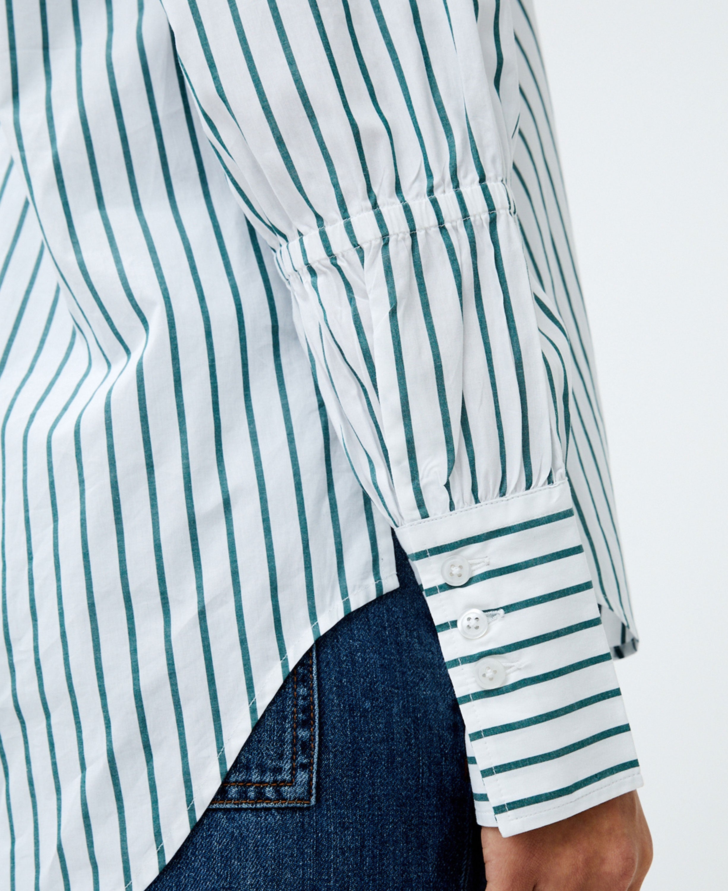 Rhodes Poplin Sleeve Detail Shirt - Linen White/Forest Green