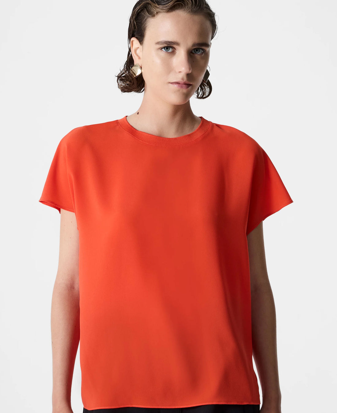 Crepe Light Crew Neck Top - Flame Orange