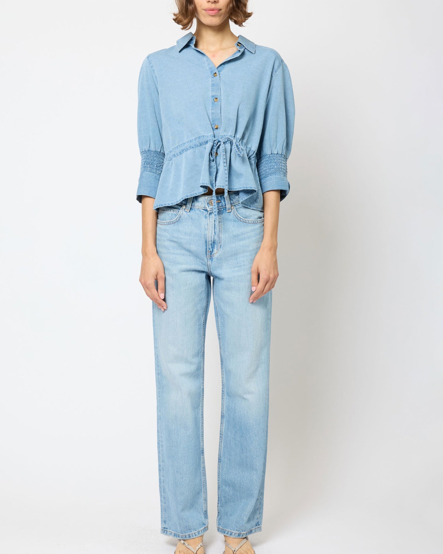 Zaves Chambray Drawstring Top - Light Wash