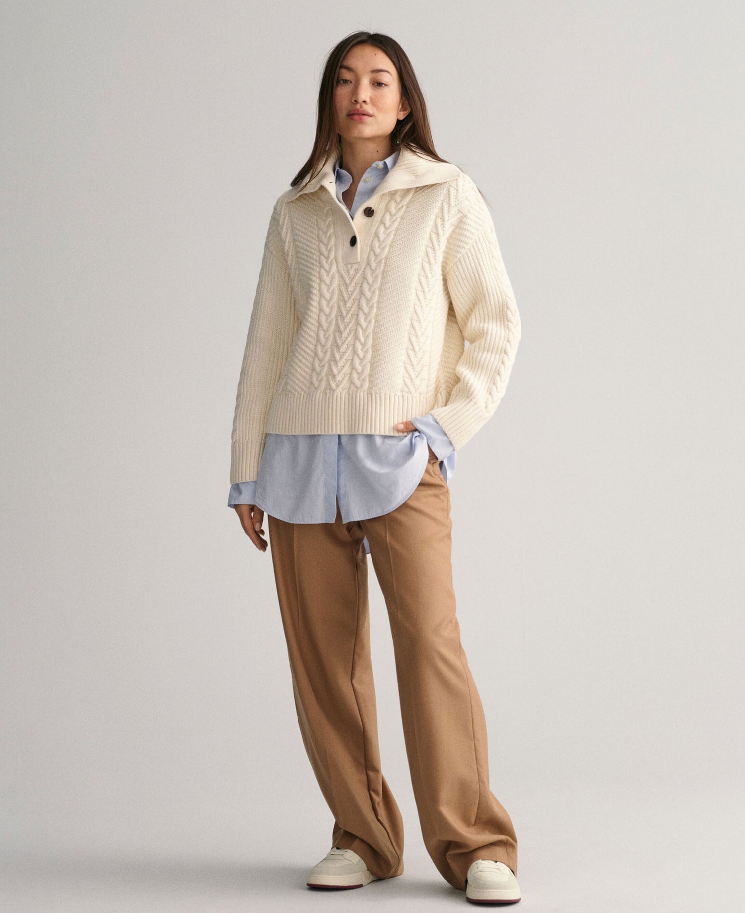 Cable Buttoned Roll Neck Jumper - Cream