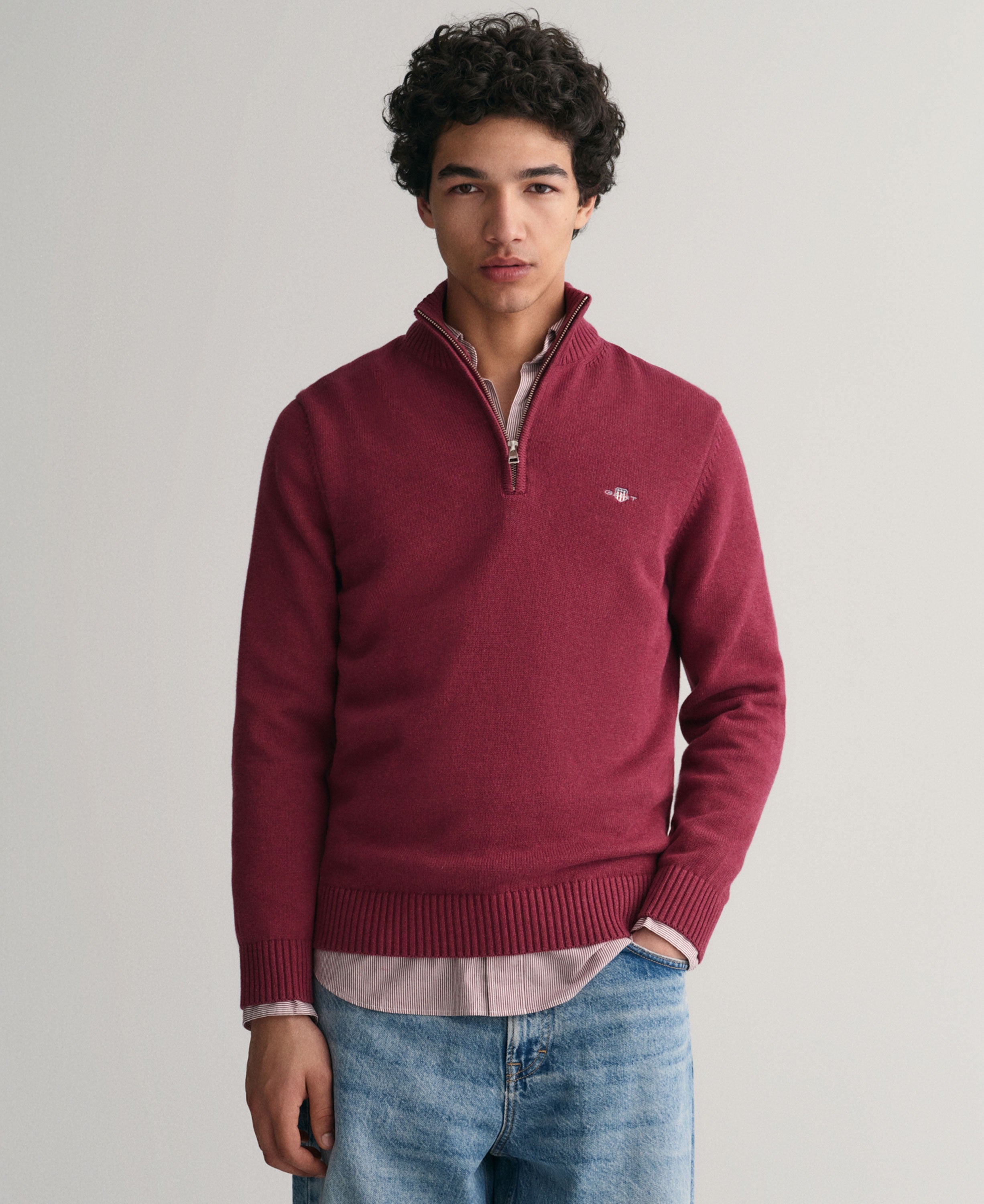 Casual Cotton Half Zip Sweater - Plumped Red
