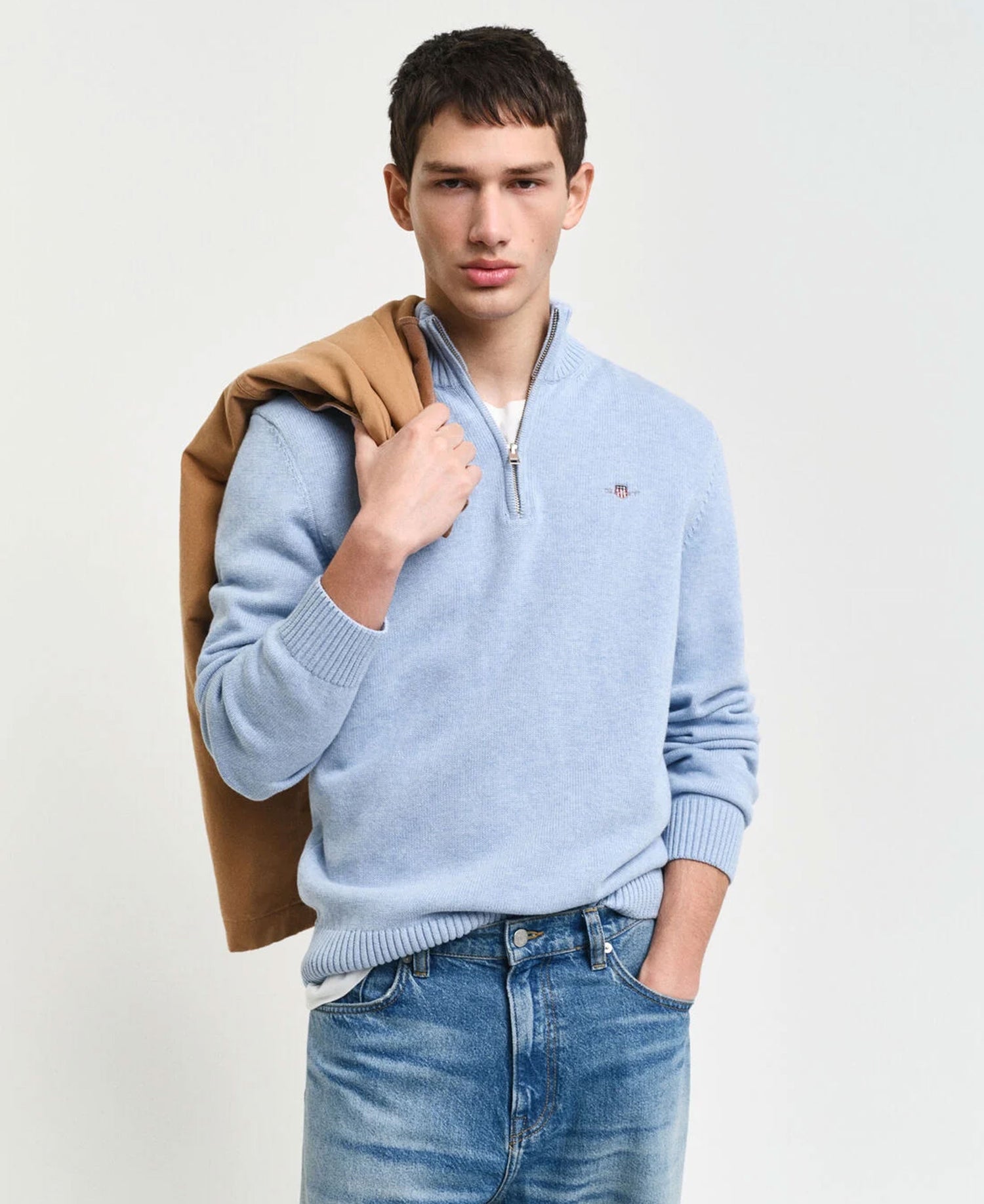 Casual Cotton Half Zip Sweater - Light Blue Melange