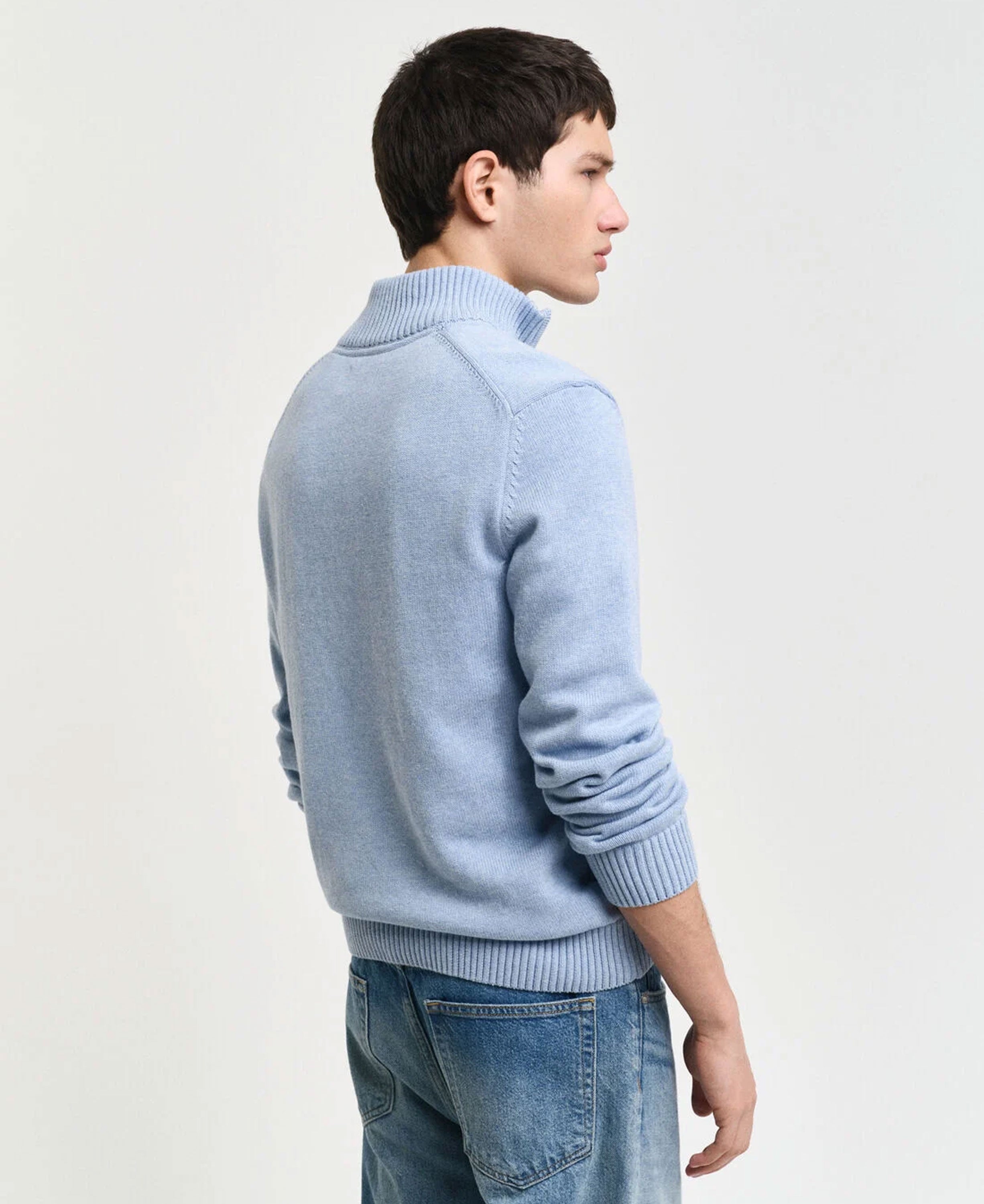 Casual Cotton Half Zip Sweater - Light Blue Melange