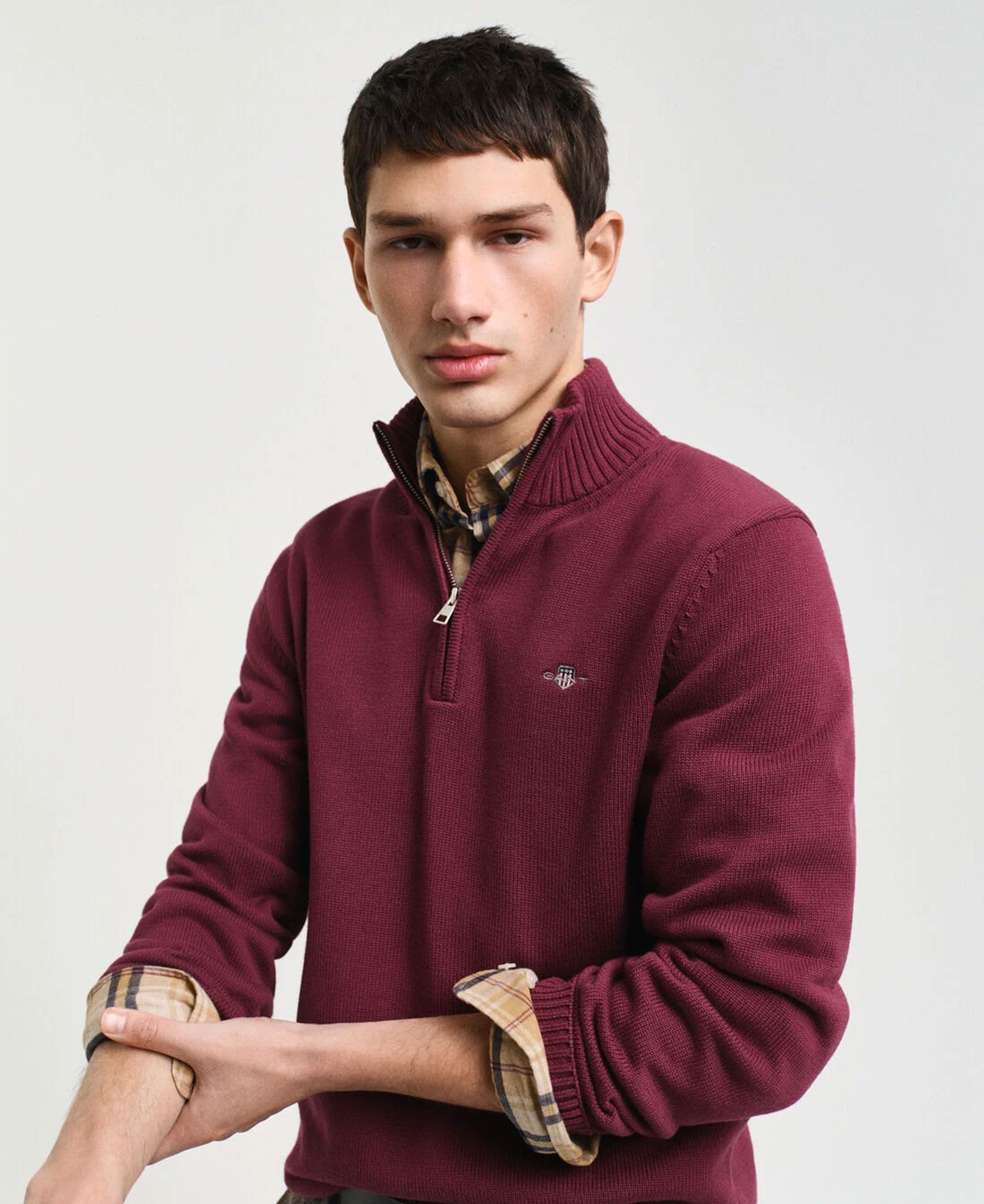 Casual Cotton Half Zip Sweater - Wine Red