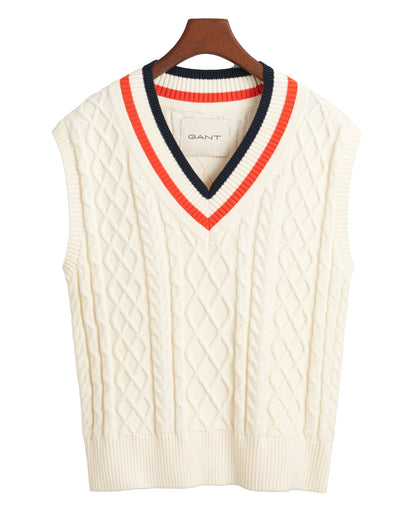 Contrast Cable Knit V-Neck Vest - Cream