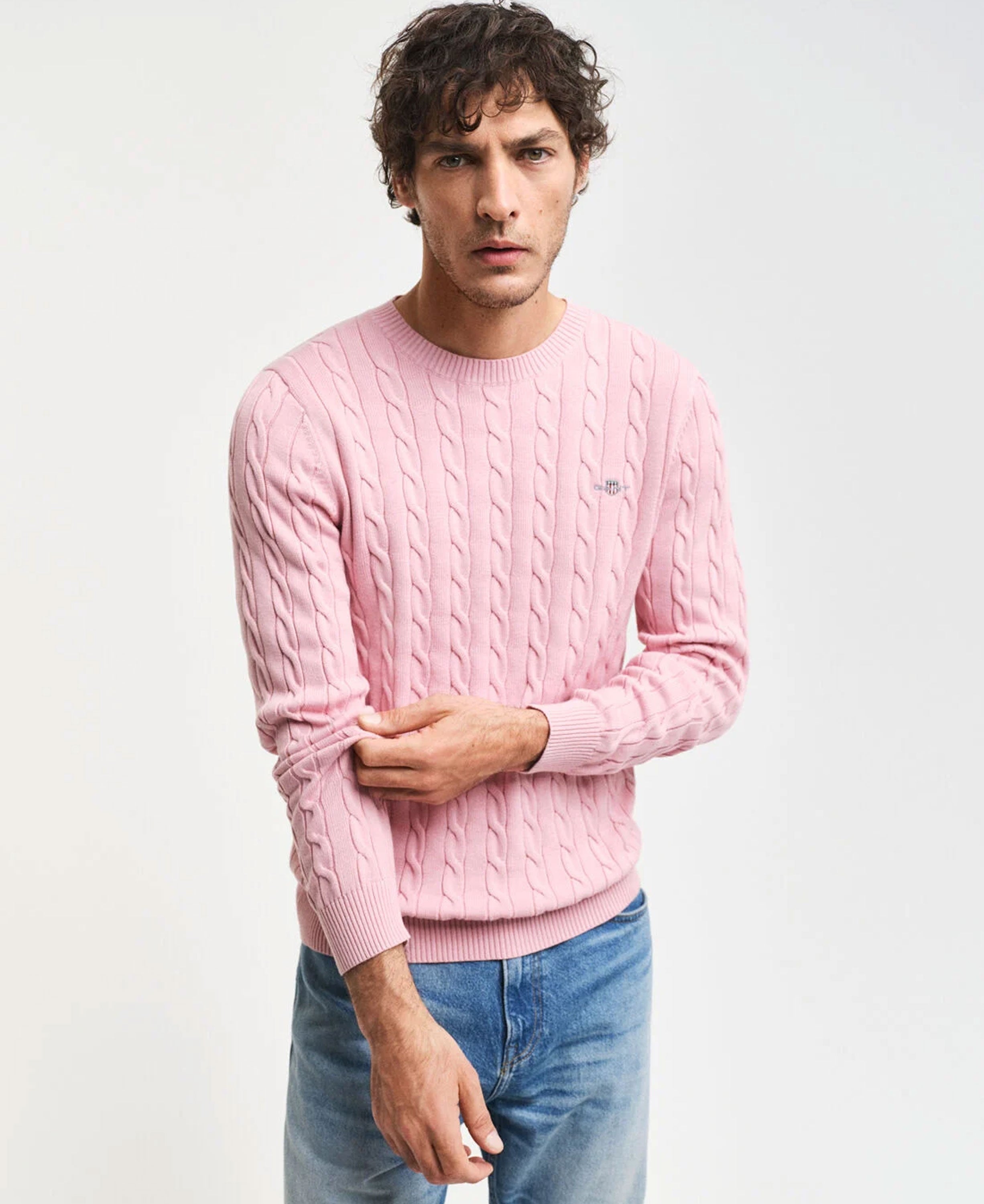 Cotton Cable Crew Neck Sweater - Dusty Pink