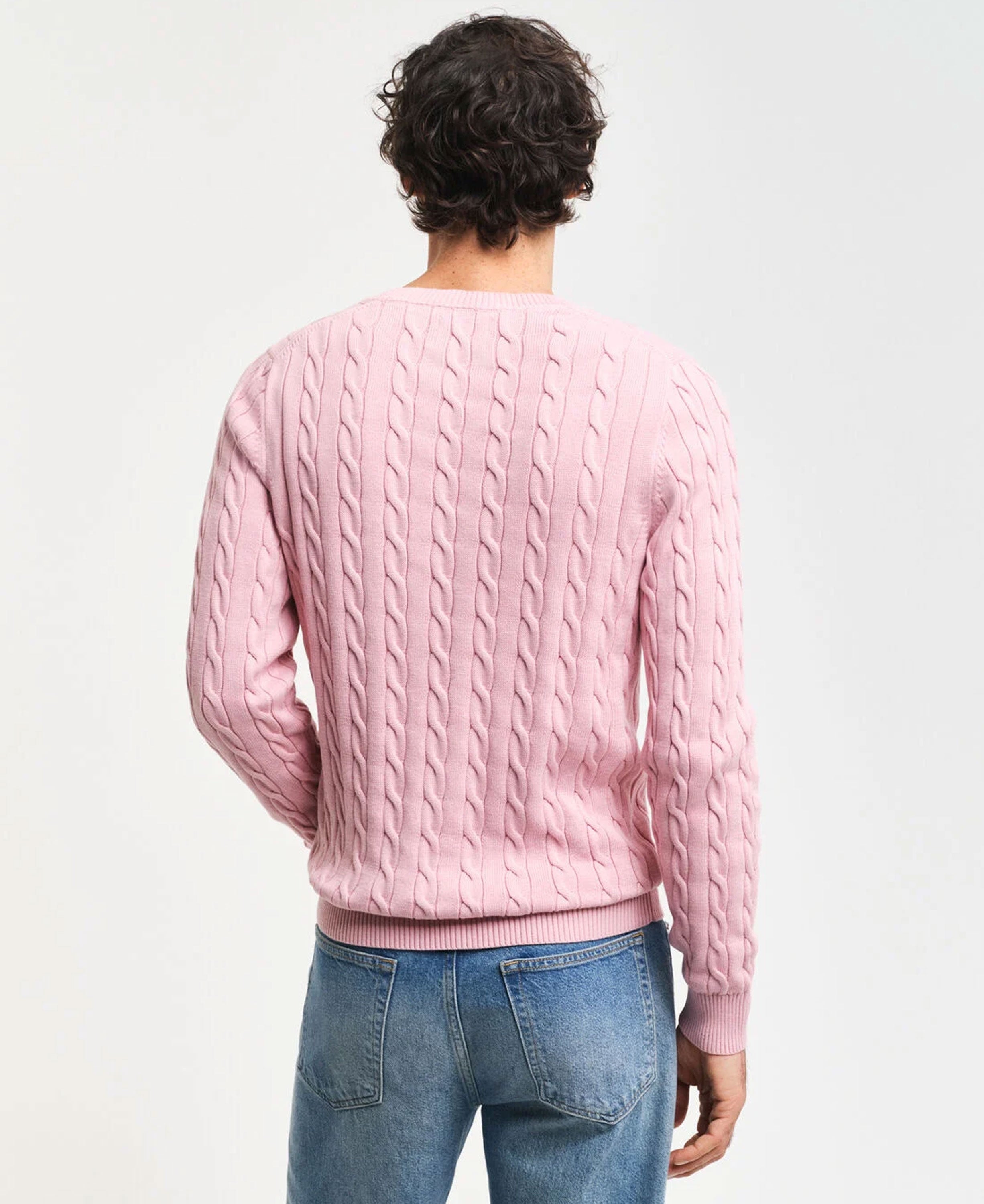 Cotton Cable Crew Neck Sweater - Dusty Pink