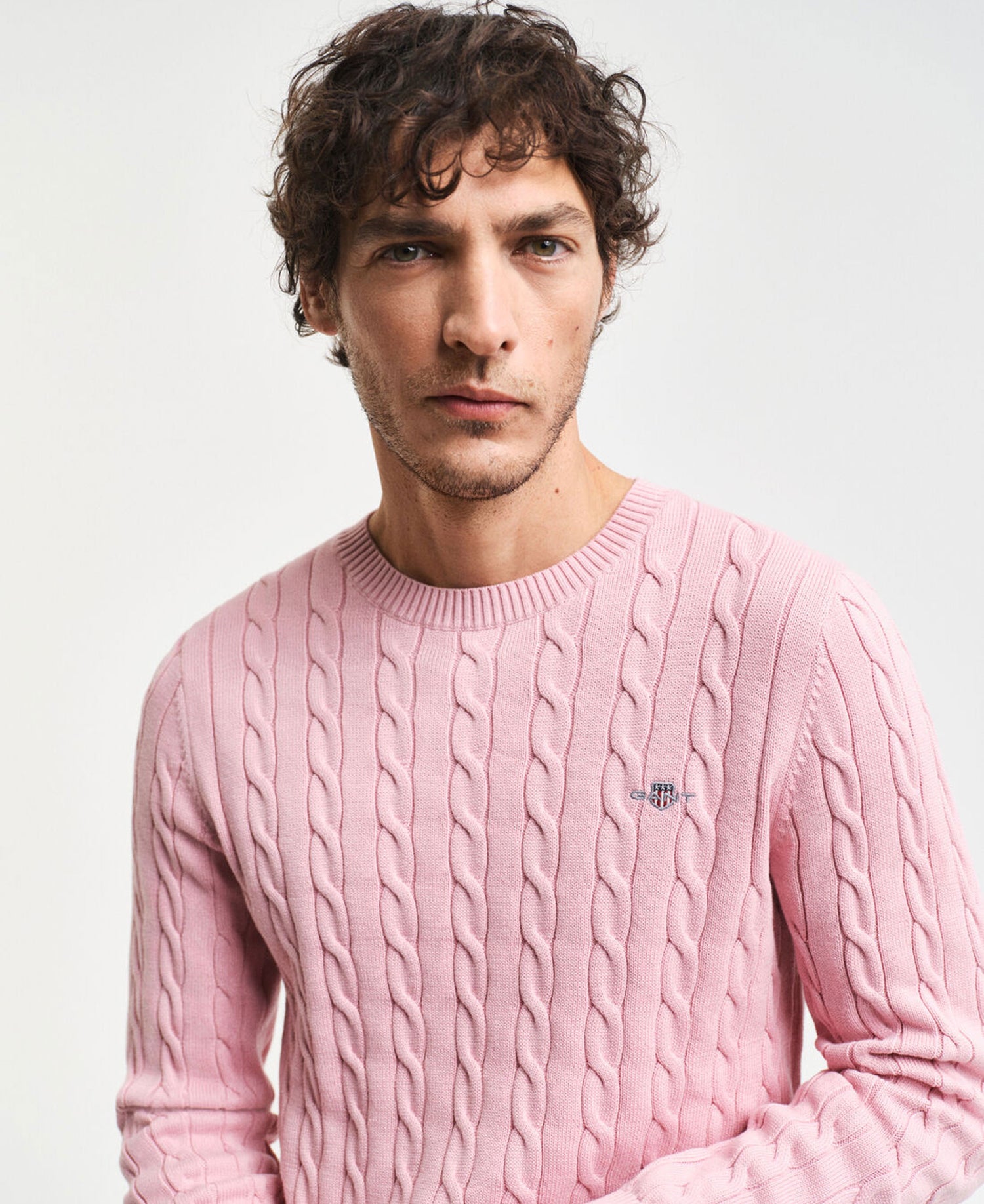 Cotton Cable Crew Neck Sweater - Dusty Pink