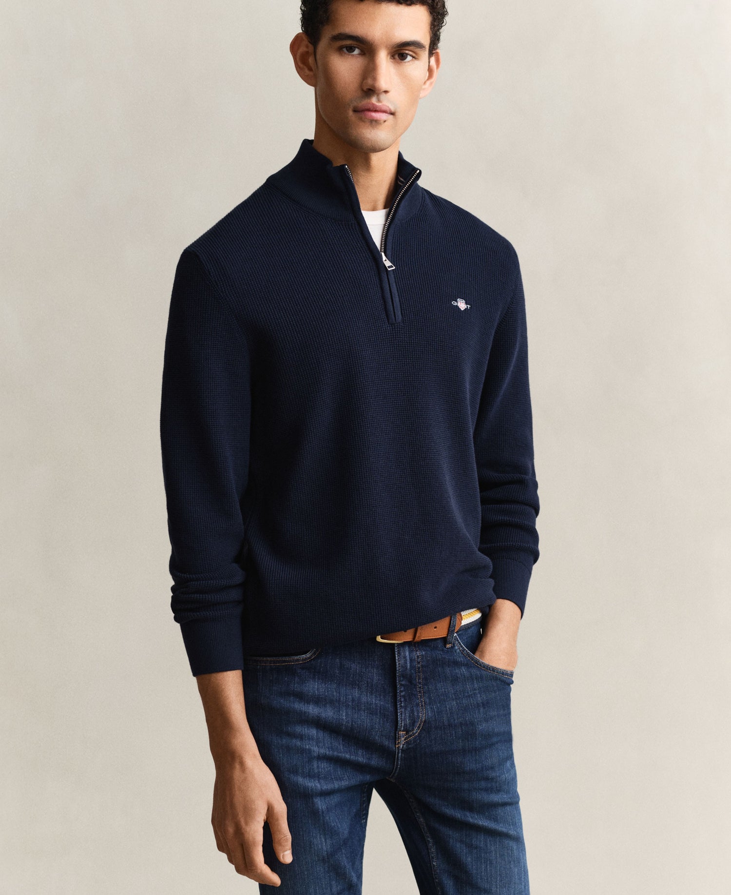 Micro Textured Cotton Half Zip - Evening Blue