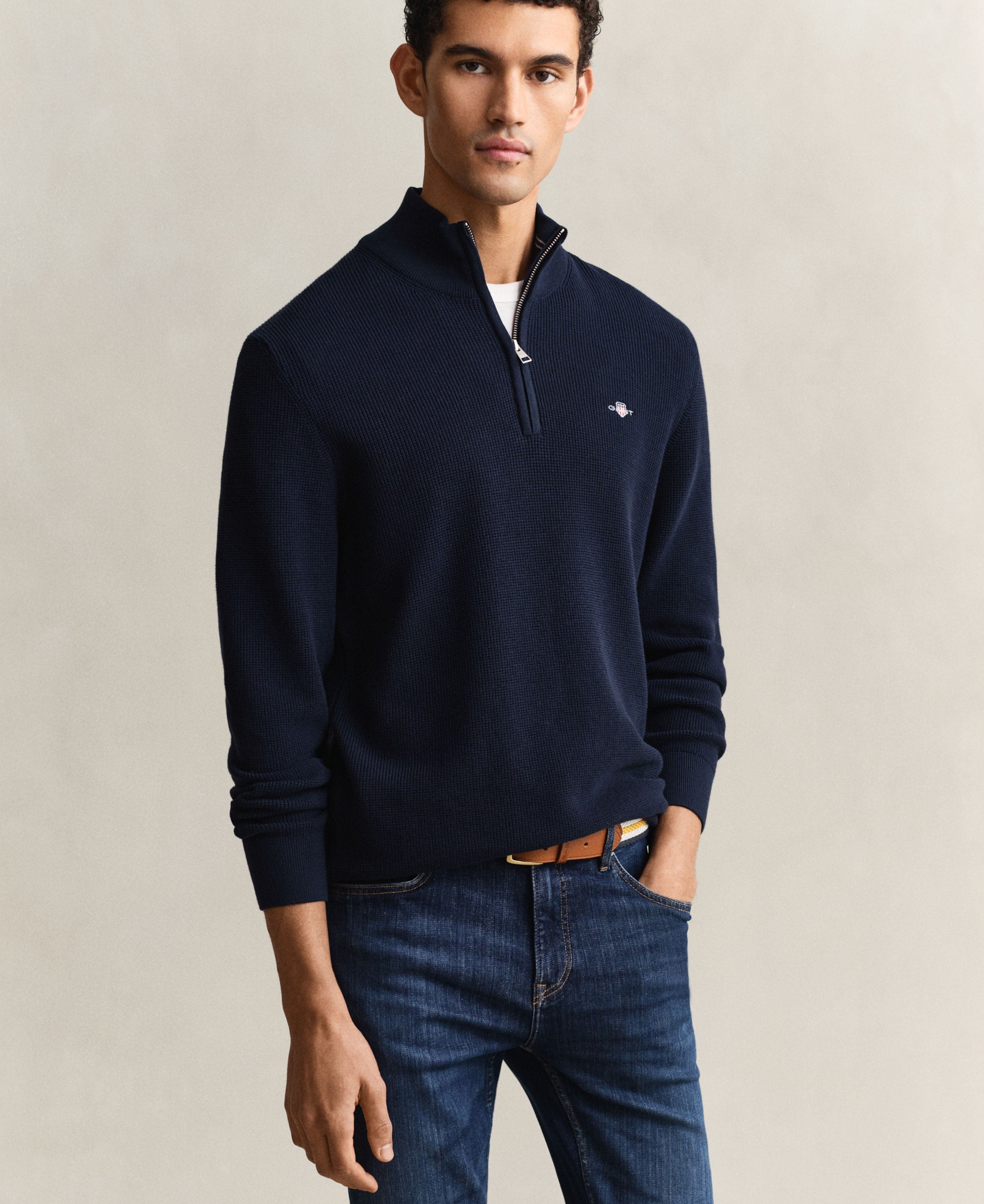 Micro Textured Cotton Half Zip - Evening Blue