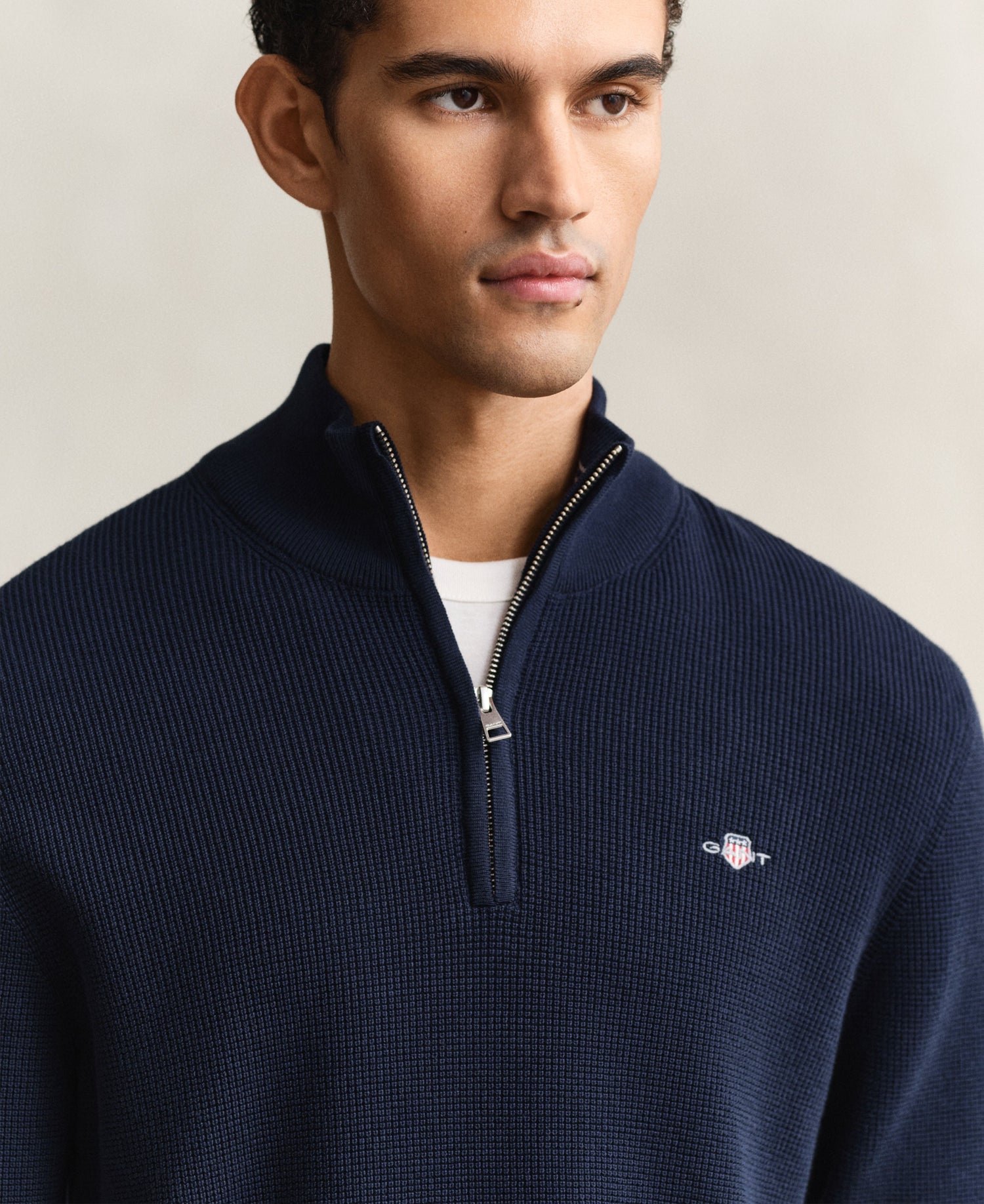 Micro Textured Cotton Half Zip - Evening Blue