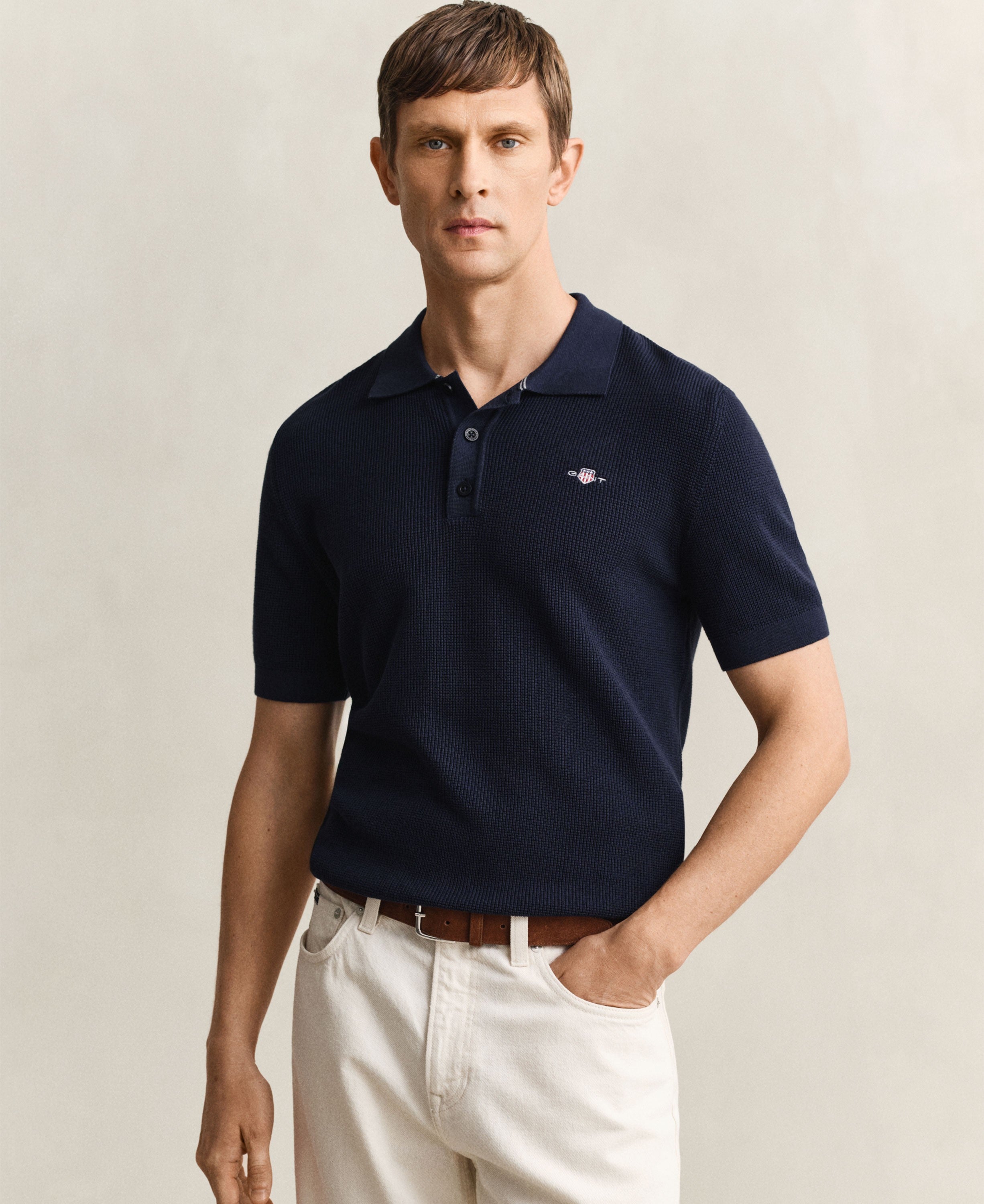 Micro Textured Cotton Short Sleeve Polo - Evening Blue