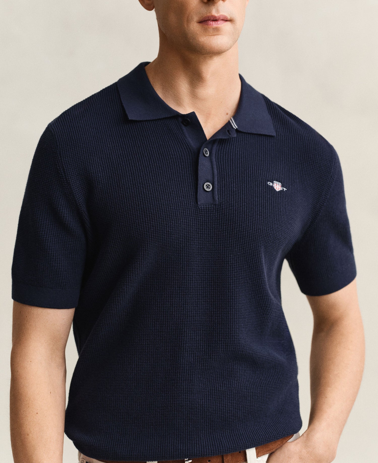 Micro Textured Cotton Short Sleeve Polo - Evening Blue