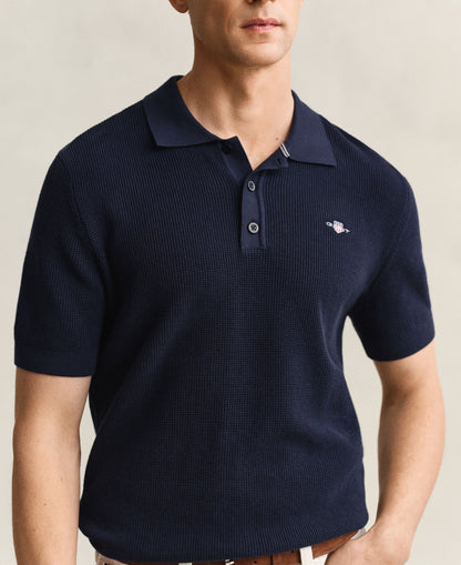 Micro Textured Cotton Short Sleeve Polo - Evening Blue