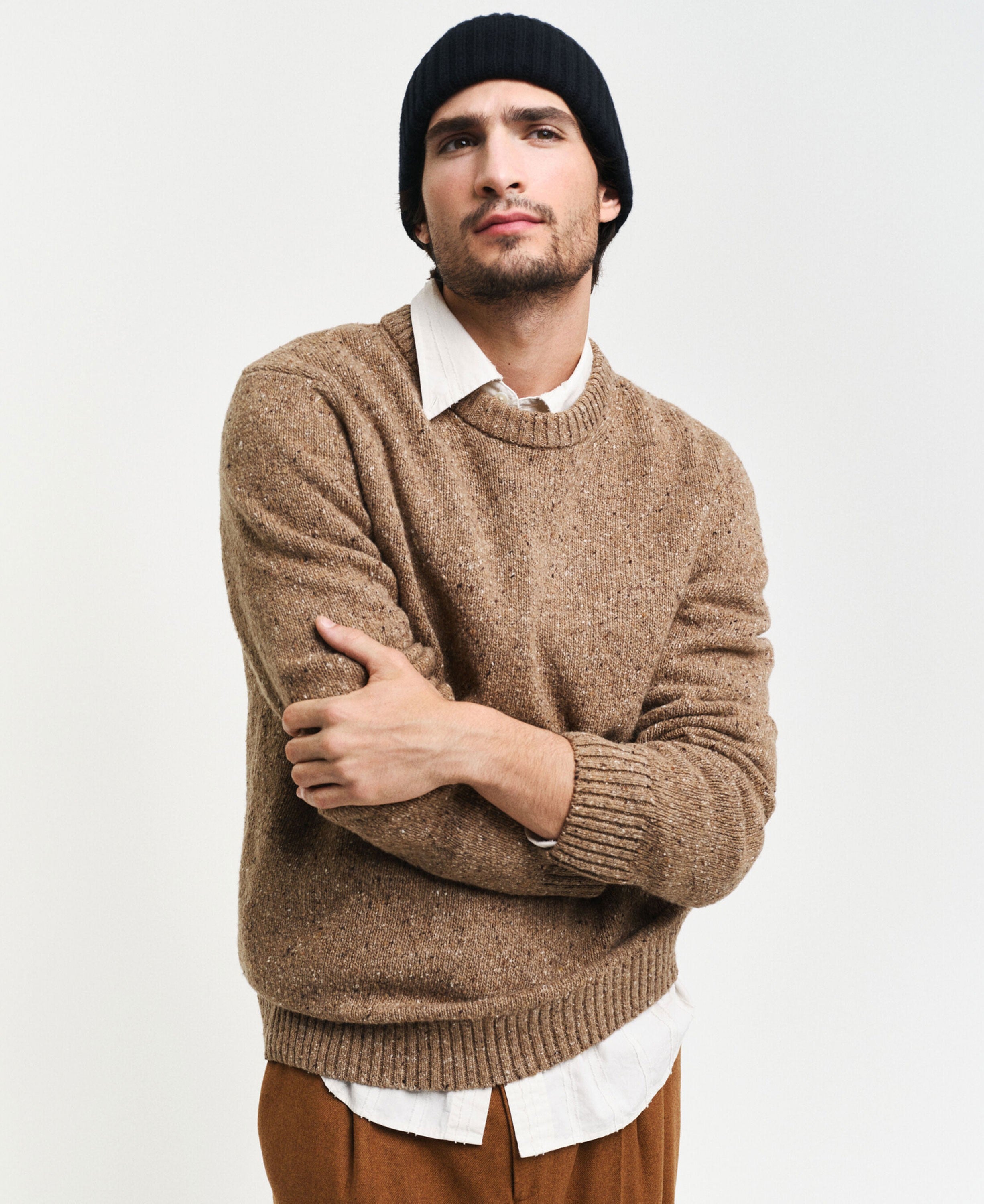 Neps Wool Crew Neck Jumper - Light Brown Melange