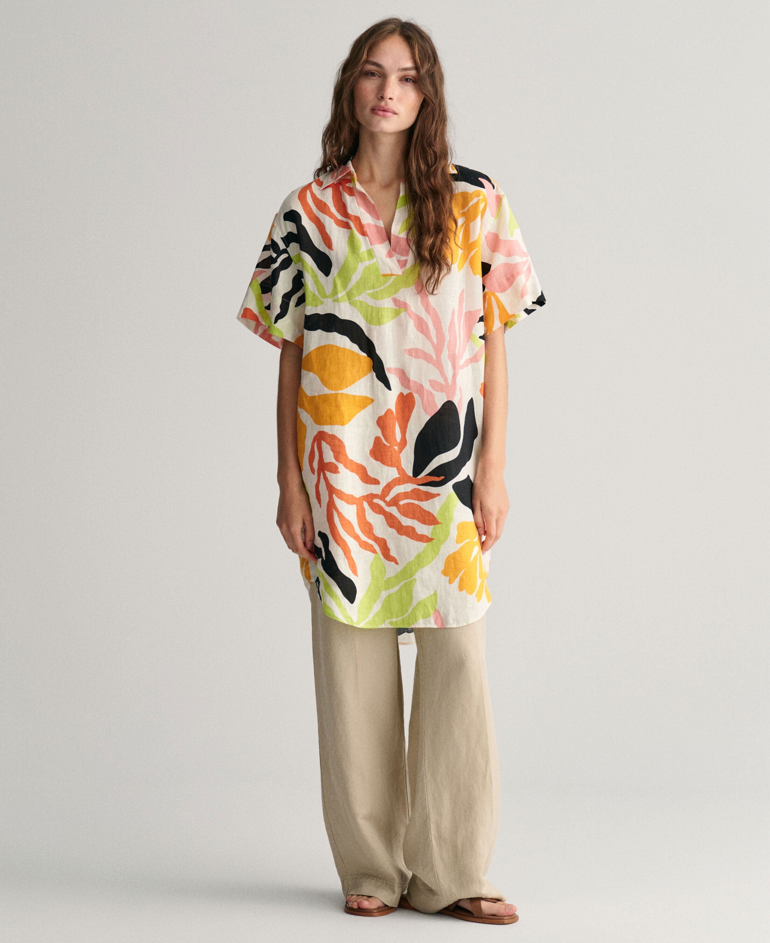 Palm Print Linen Short Sleeve Caftan - Medal Yellow