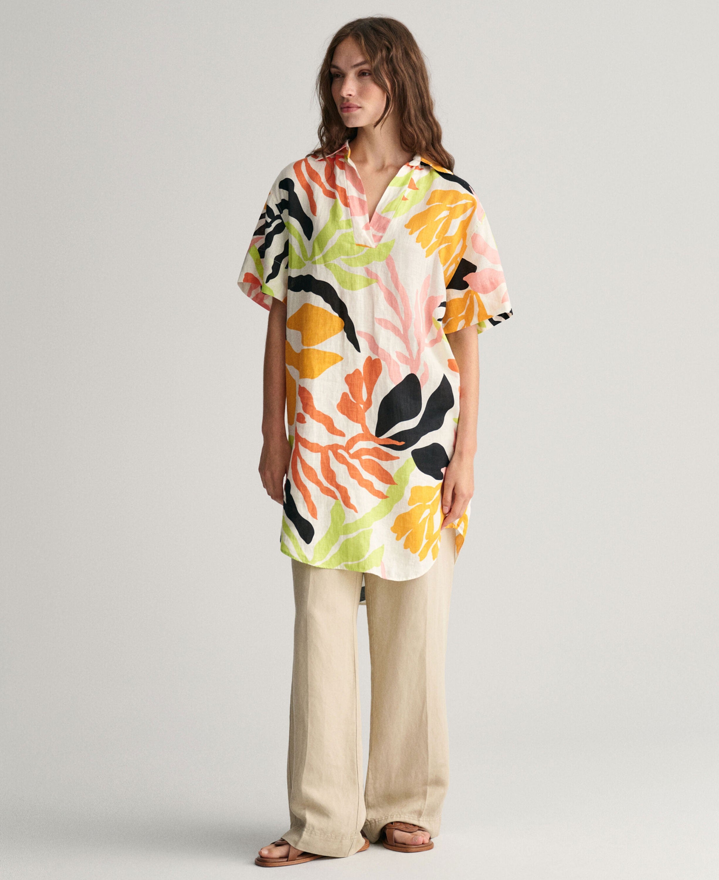 Palm Print Linen Short Sleeve Caftan - Medal Yellow