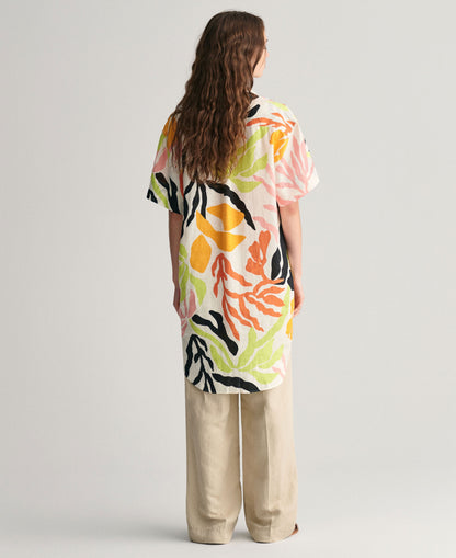 Palm Print Linen Short Sleeve Caftan - Medal Yellow