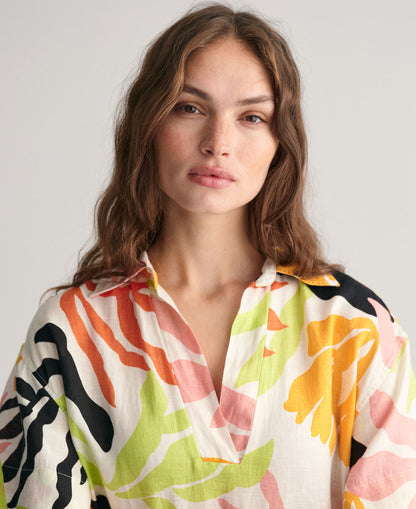 Palm Print Linen Short Sleeve Caftan - Medal Yellow