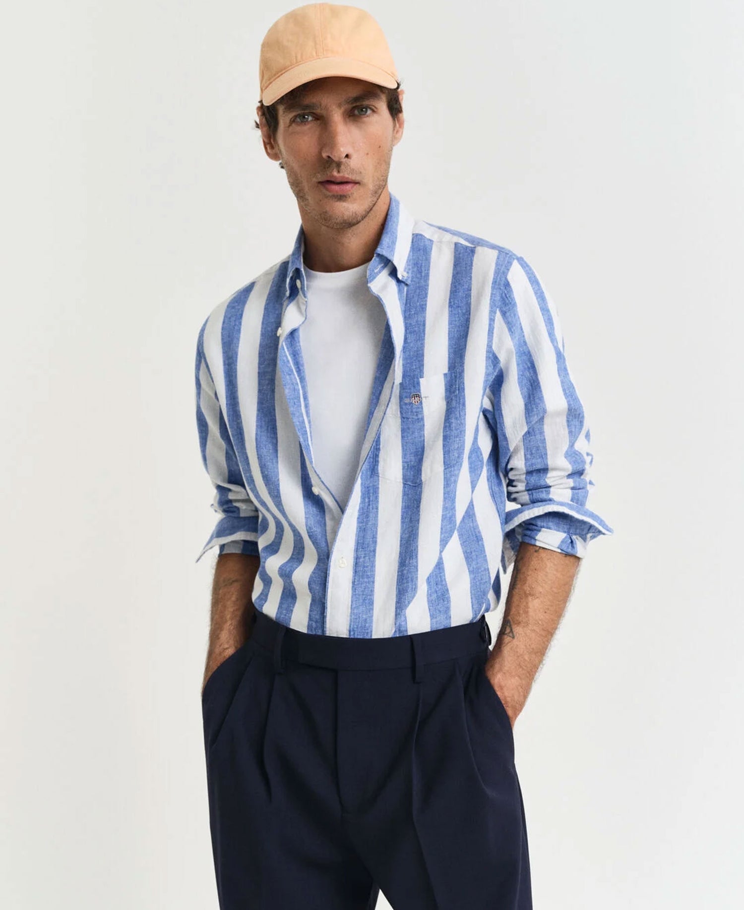 Regular Cotton Linen Bold Stripe Shirt - Rich Blue