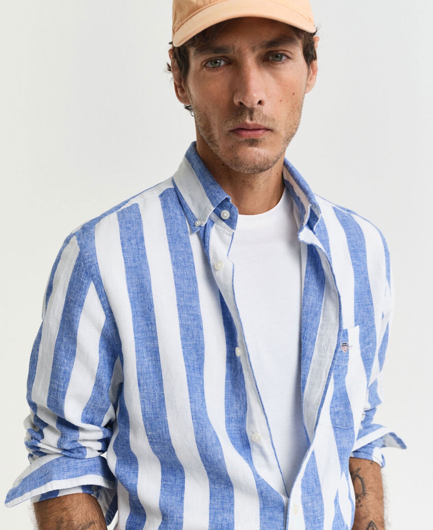 Regular Cotton Linen Bold Stripe Shirt - Rich Blue