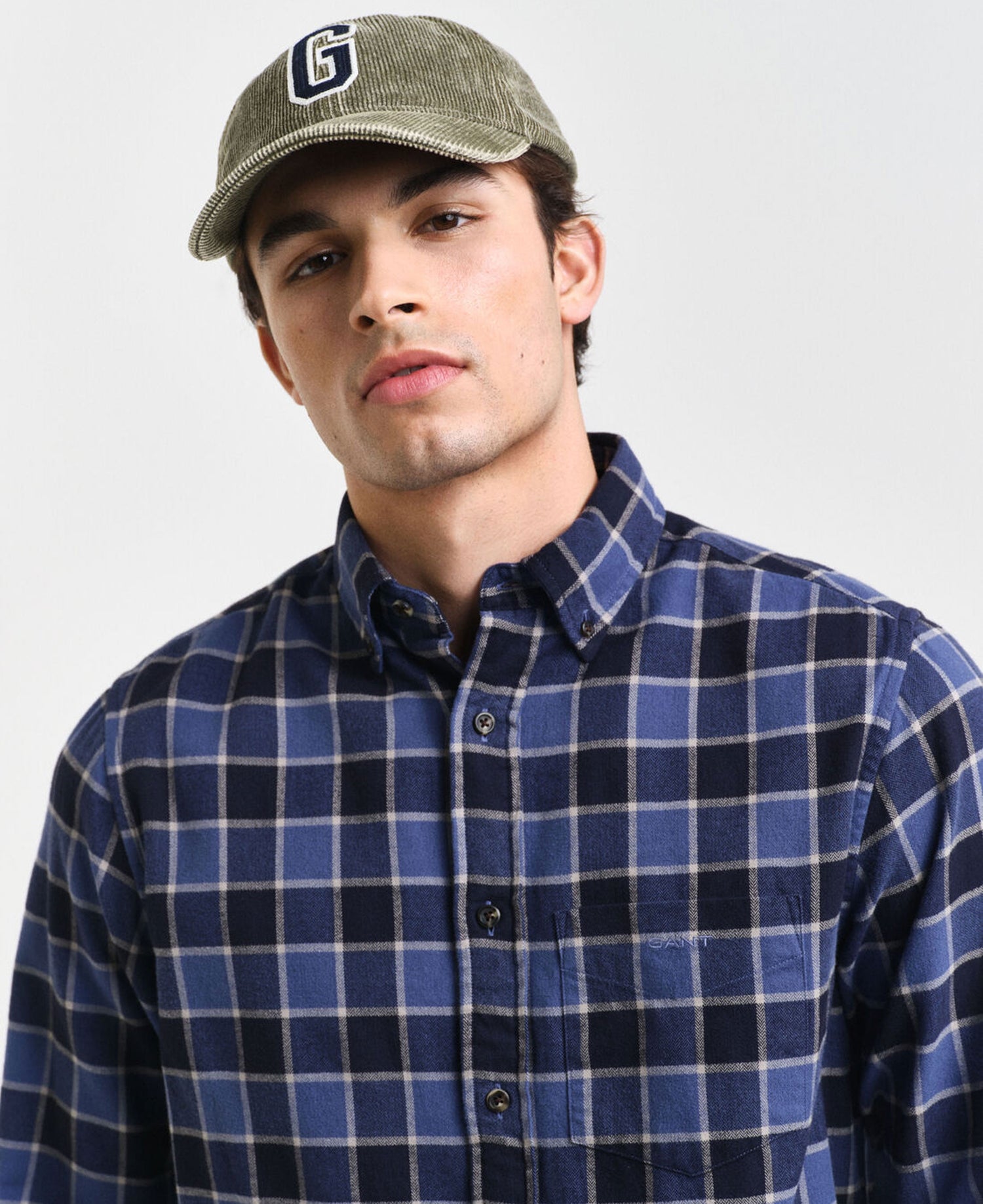 Regular Fit Herringbone Check Shirt - Evening Blue