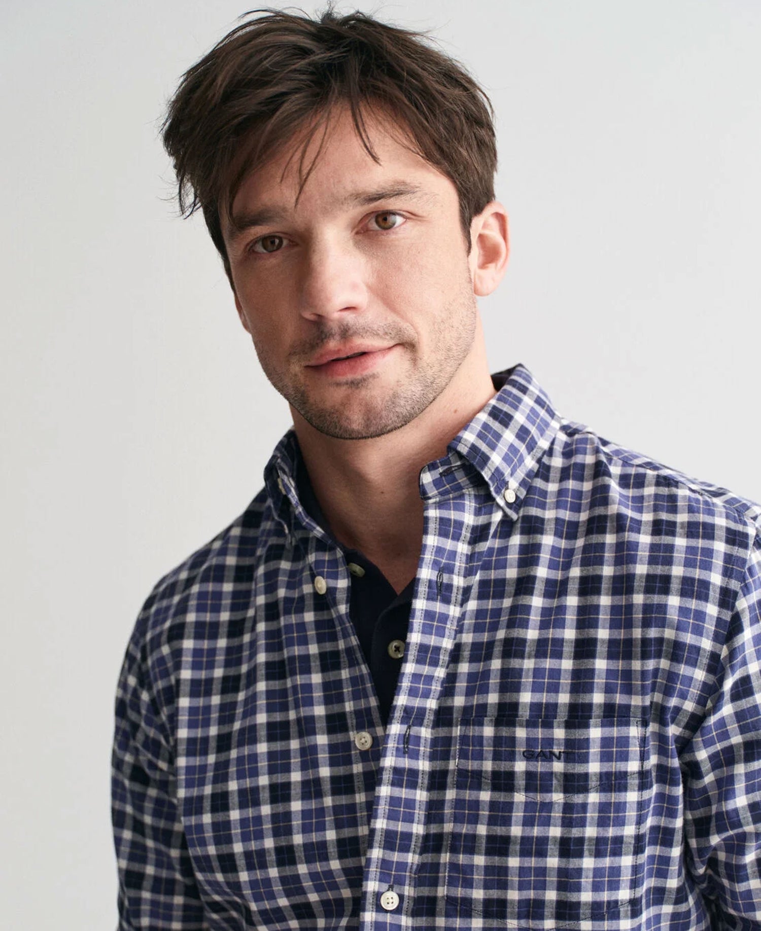 Regular Fit Light Twill Check Shirt - Sailor Navy