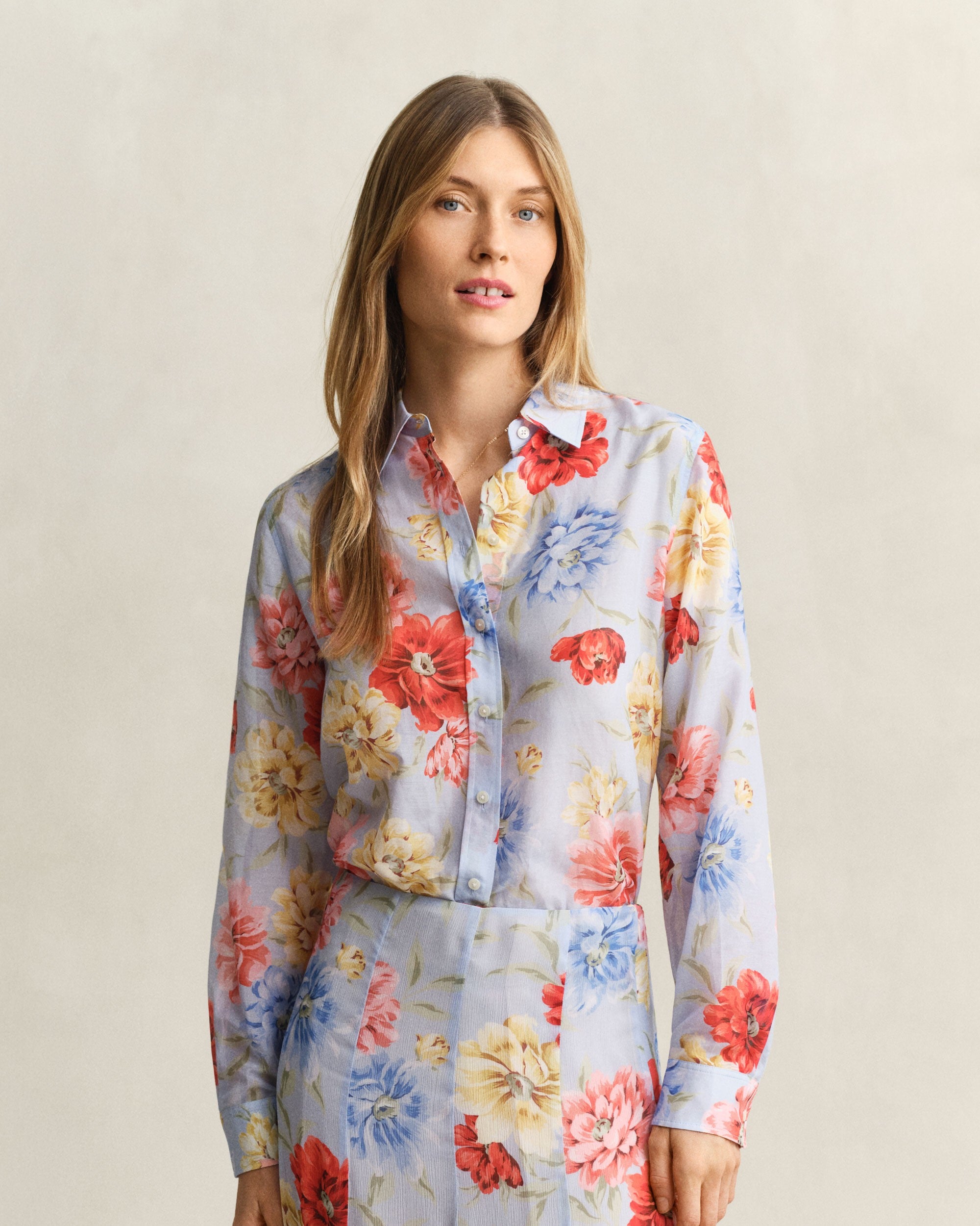 Regular Floral Print Cotton Silk Long Sleeve Shirt - Light Blue
