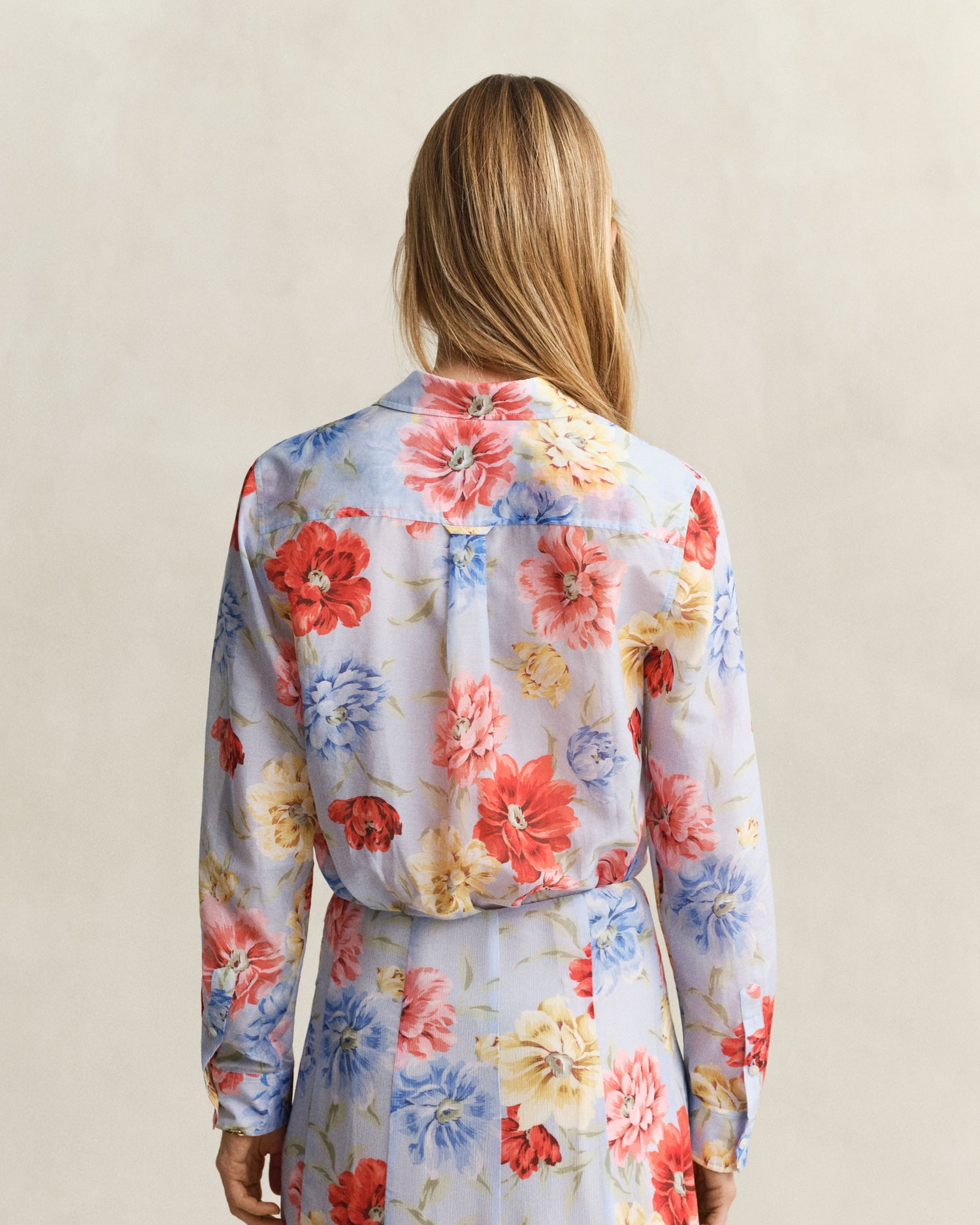Regular Floral Print Cotton Silk Long Sleeve Shirt - Light Blue