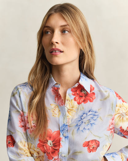 Regular Floral Print Cotton Silk Long Sleeve Shirt - Light Blue