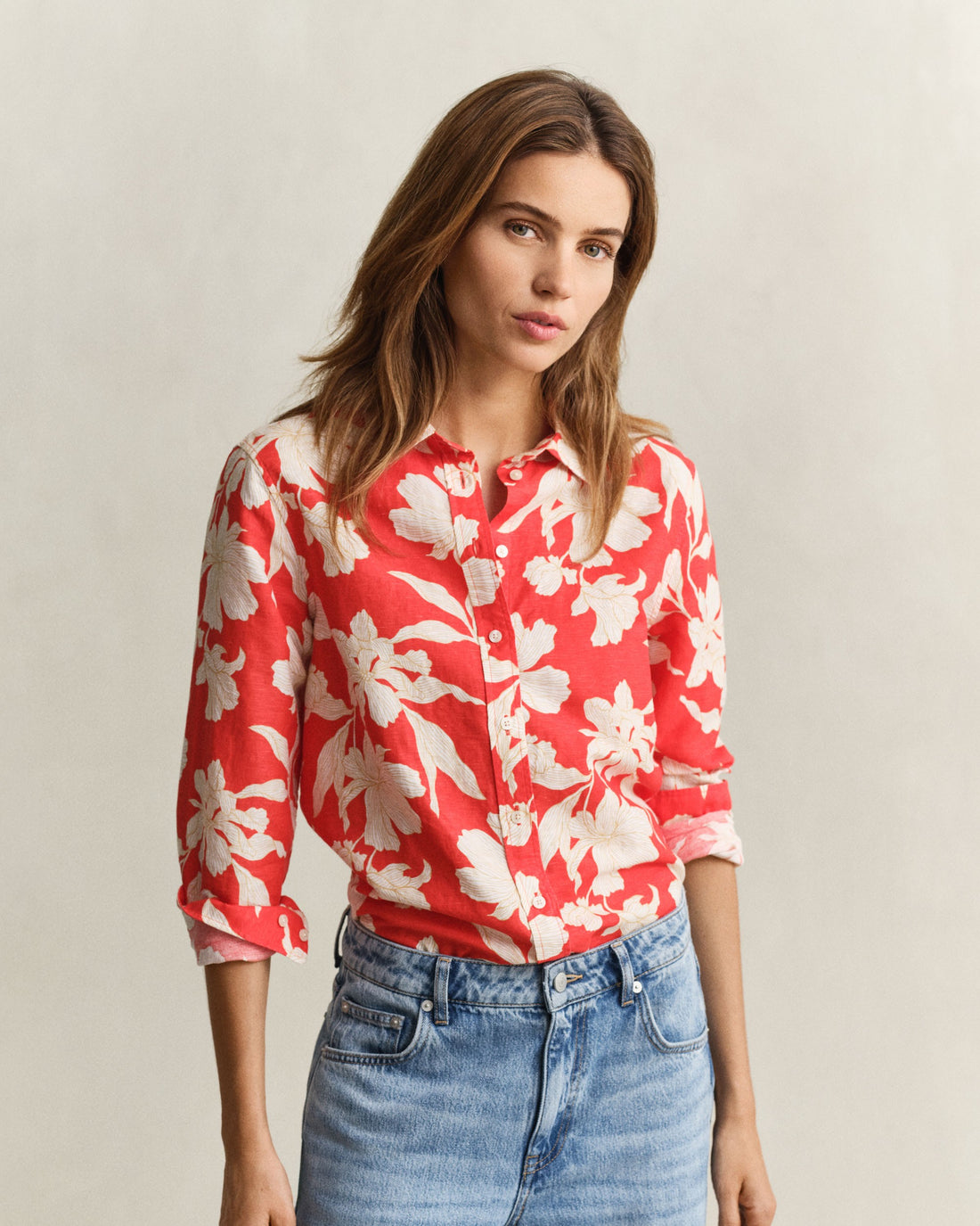 Reg Floral Print Linen Shirt - Perfect Red