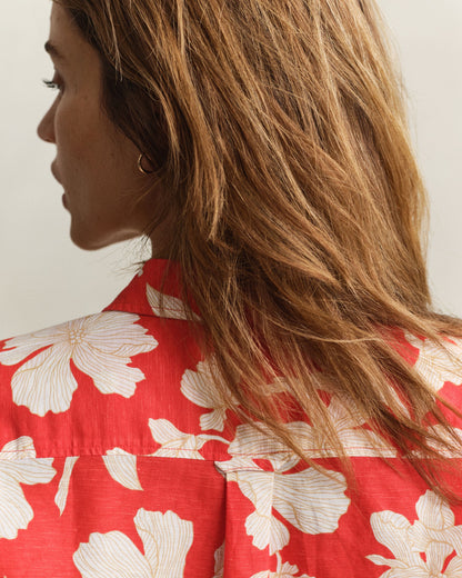 Reg Floral Print Linen Shirt - Perfect Red