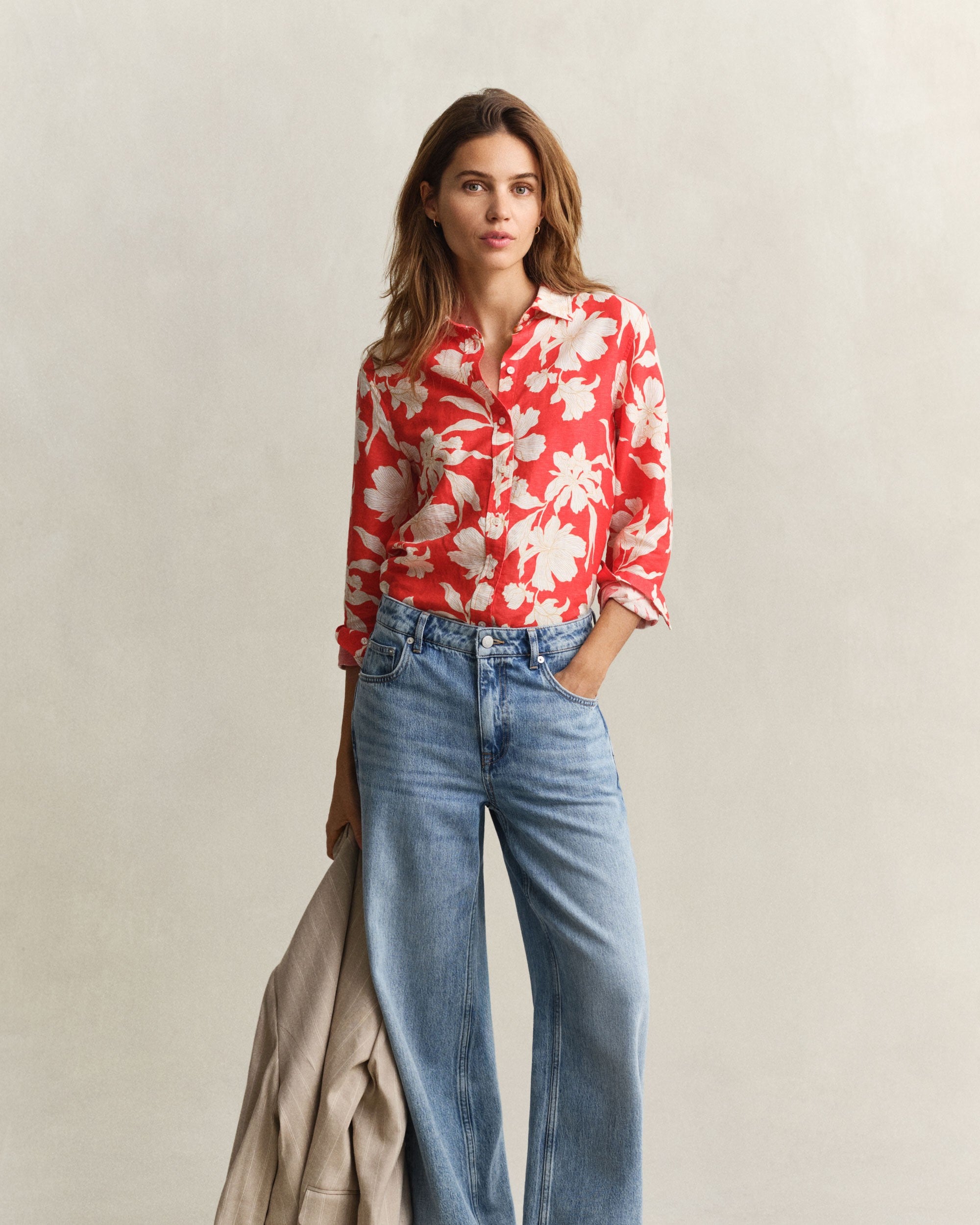 Reg Floral Print Linen Shirt - Perfect Red