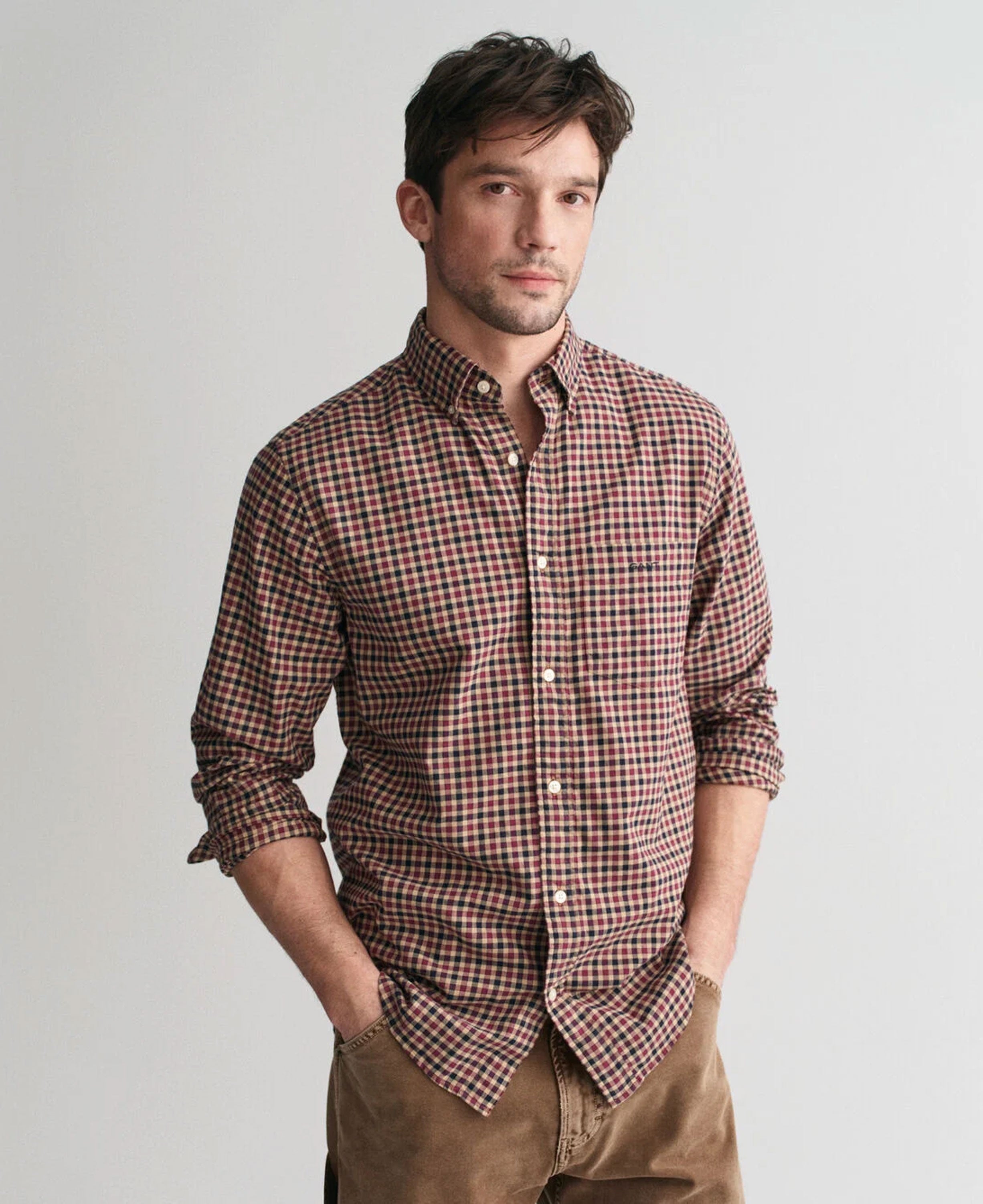 Regular Fit Light Twill Gingham Shirt - Wine Red